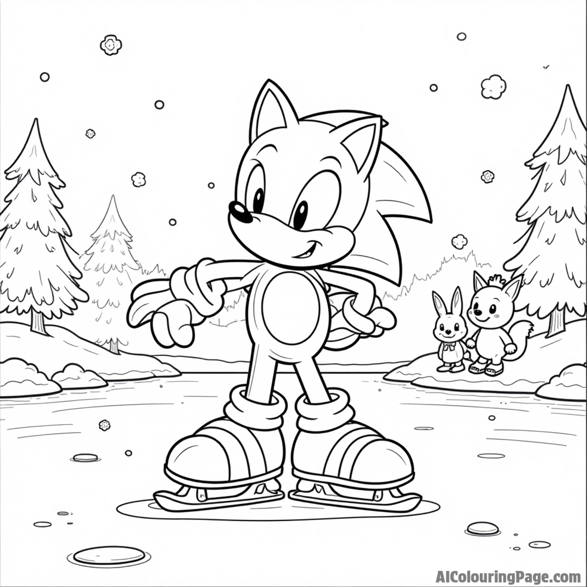 Sonic ice skating on a frozen pond, with snowflakes falling and cheerful animals watching from the edge of the ice.