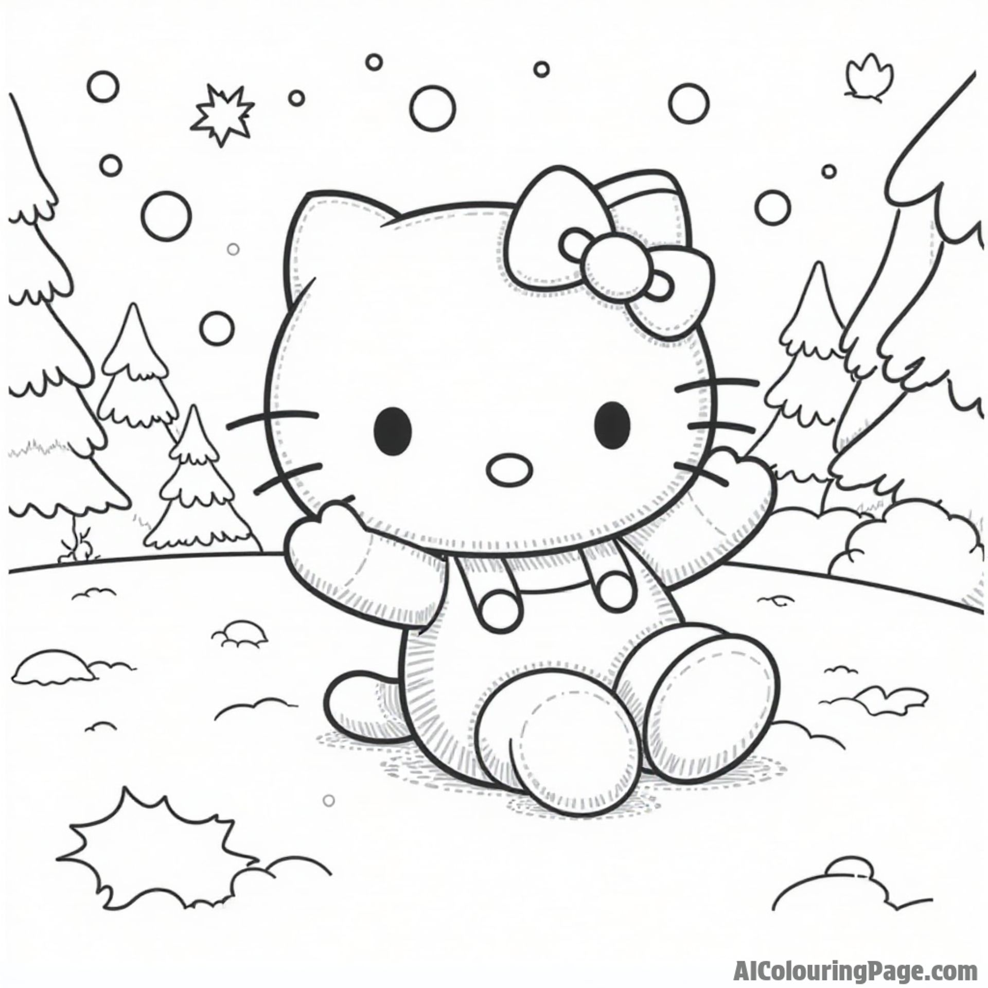 Hello Kitty making a snow angel in a snowy landscape with snowflakes falling and trees in the background