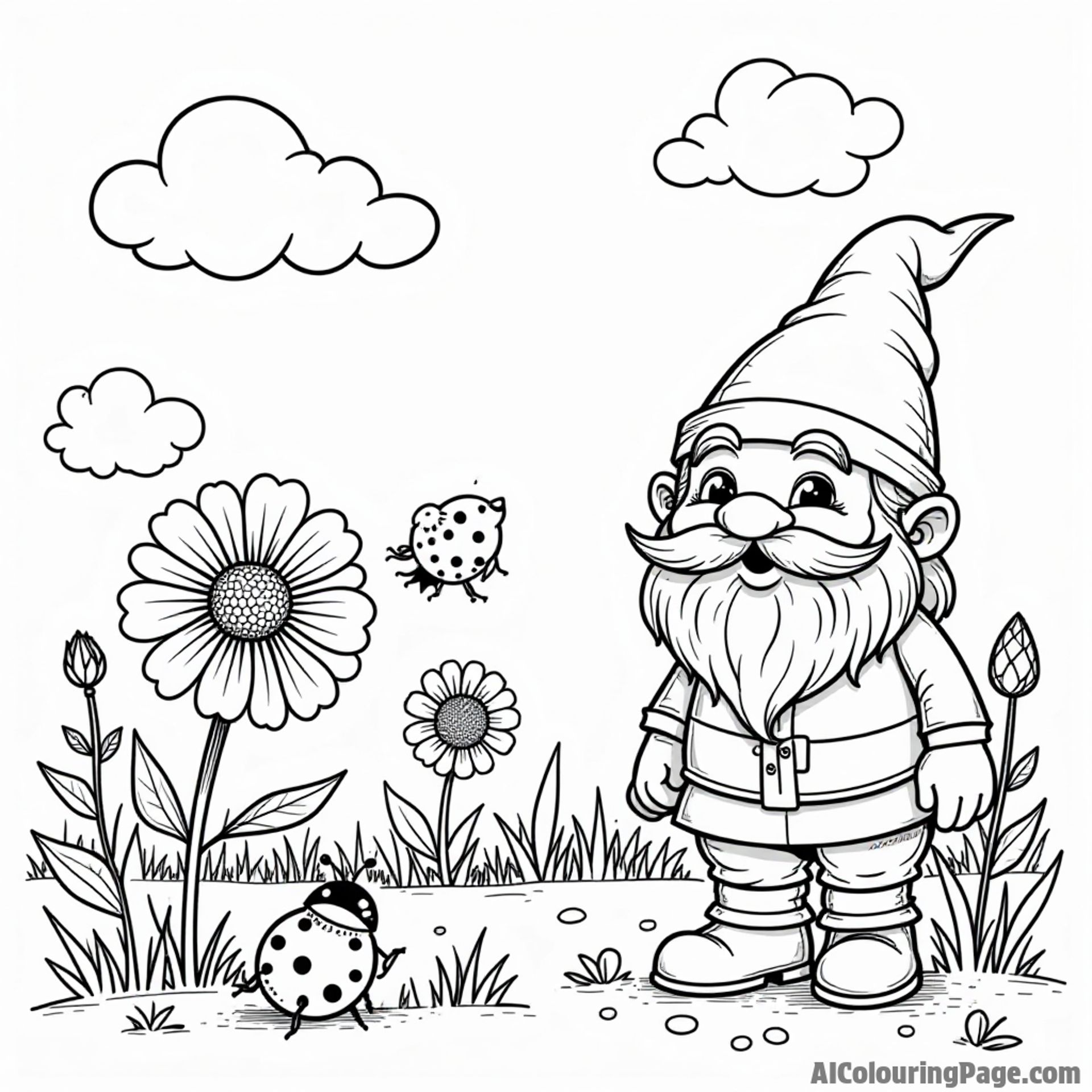 A whimsical garden scene with a friendly gnome, a cheerful ladybug, and playful flowers blooming in a sunny field.