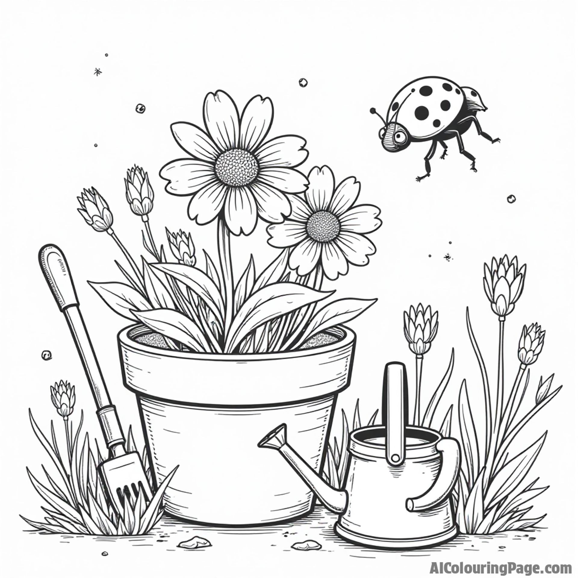 A ladybug sitting on a flower pot, with a watering can and gardening tools nearby in a cheerful garden scene.