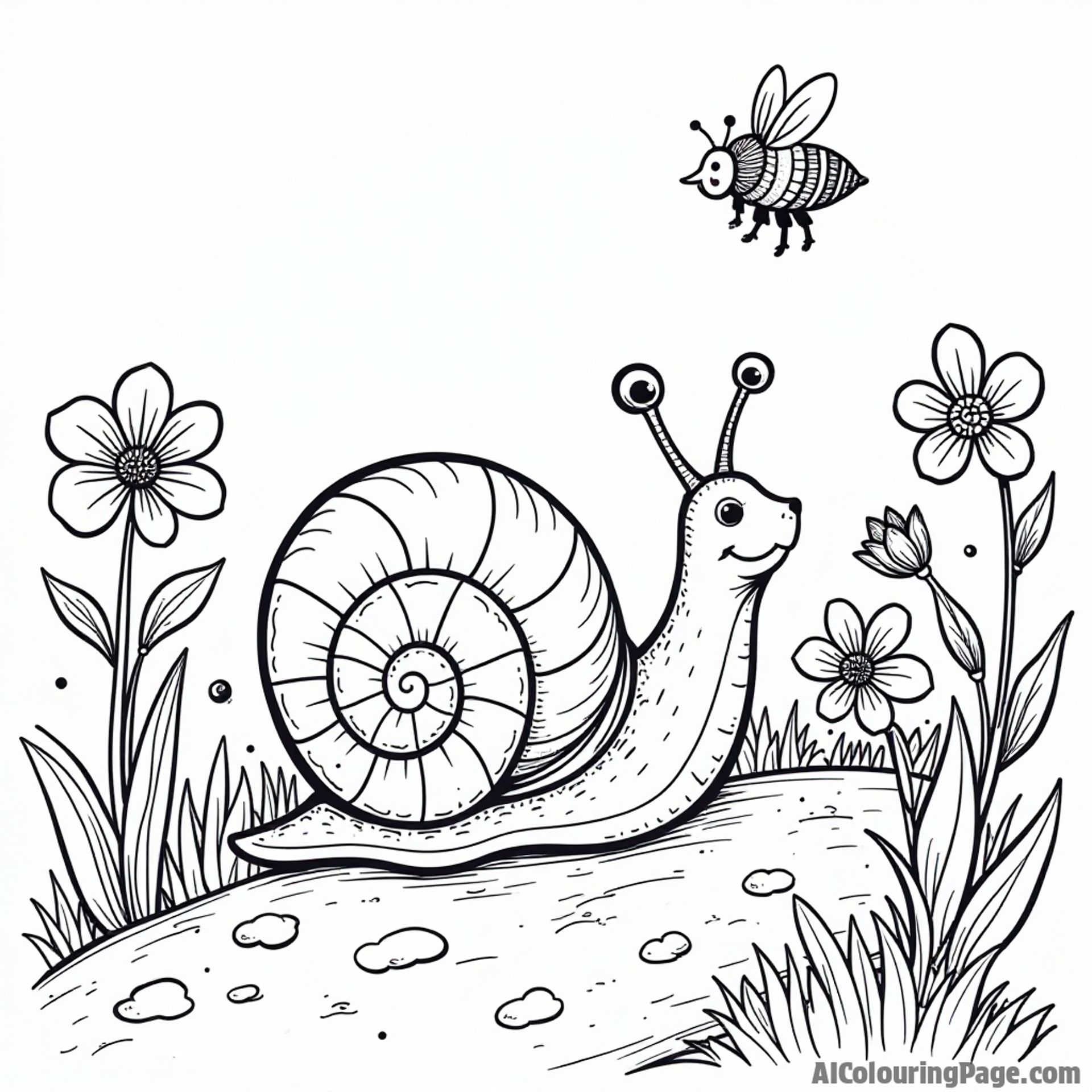 A friendly snail sliding along a garden path, with colorful flowers and a buzzing bee flying above for young artists.