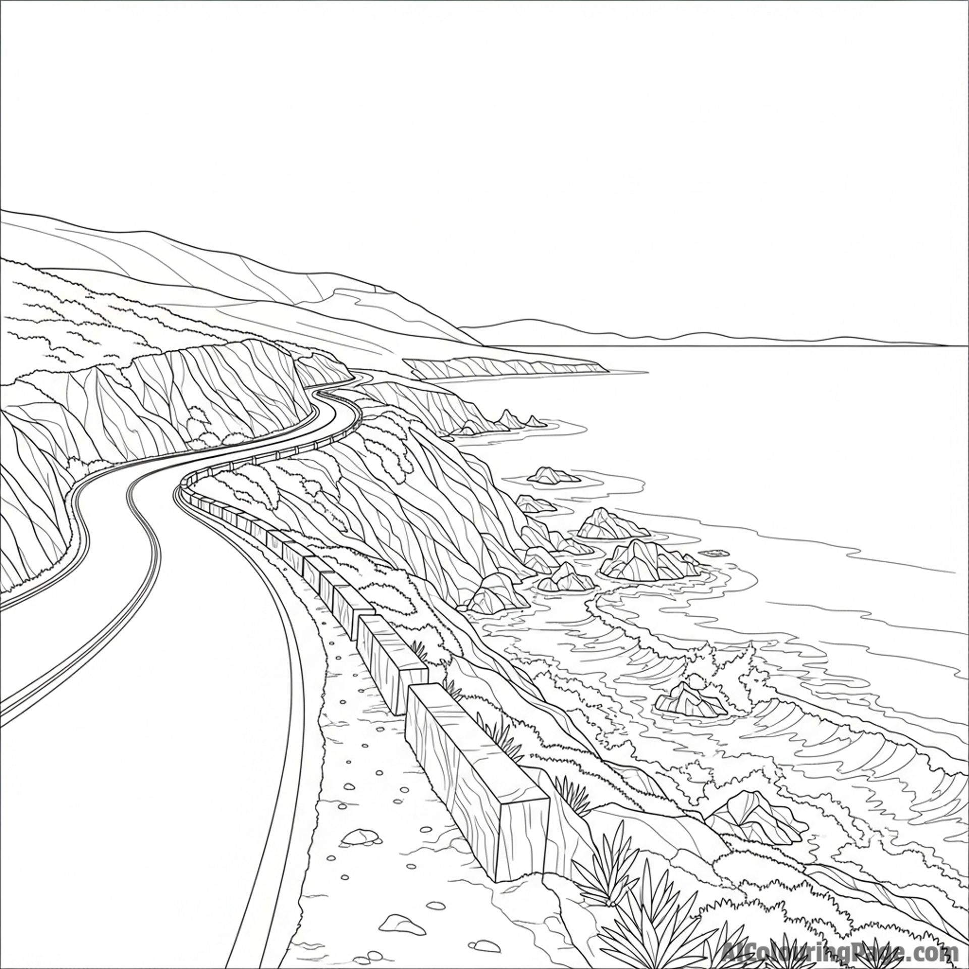 A winding coastal road overlooking the ocean.