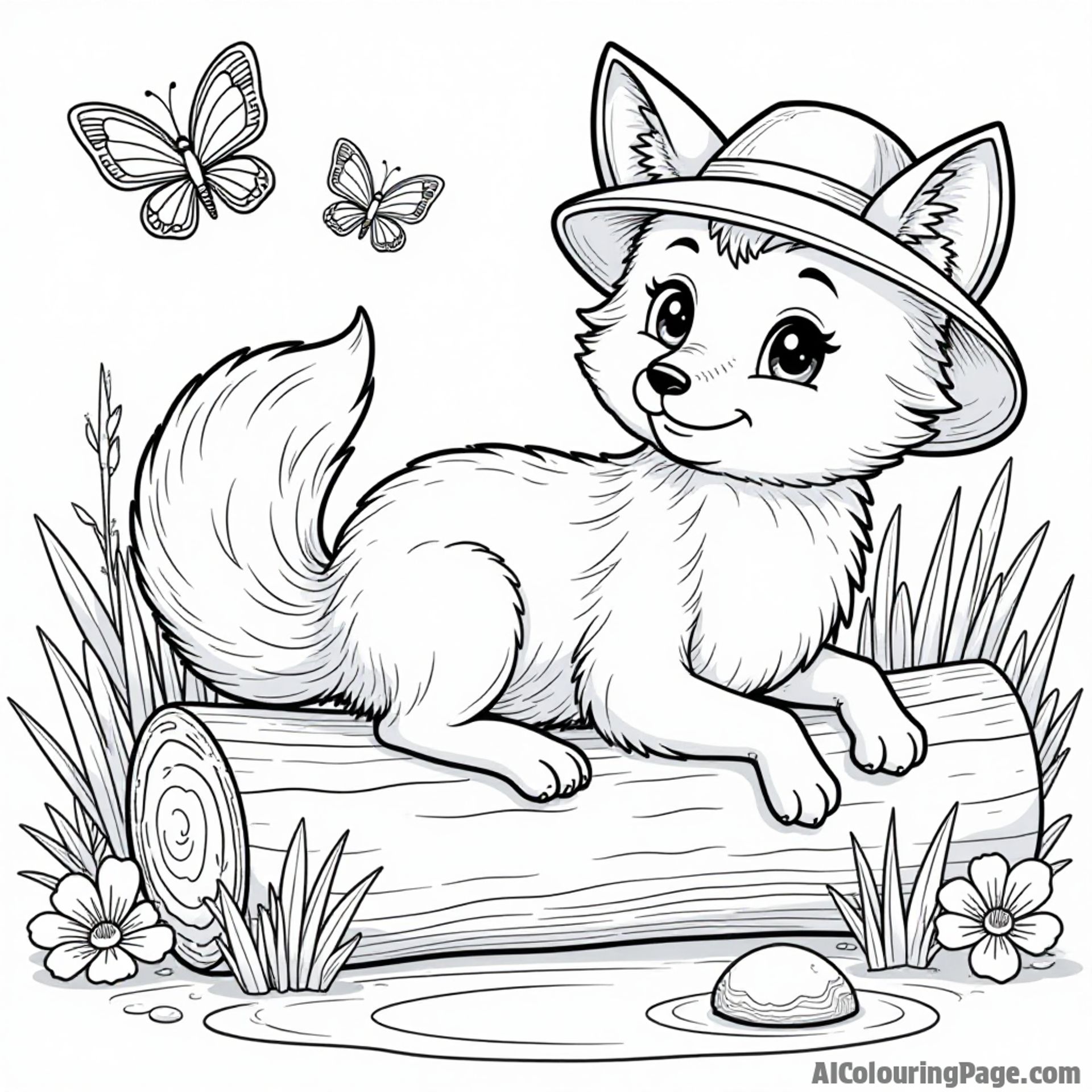 A playful fox wearing an explorer hat, laying on a log by a stream, surrounded by flowers and butterflies, creating a charming outdoor adventure coloring page.