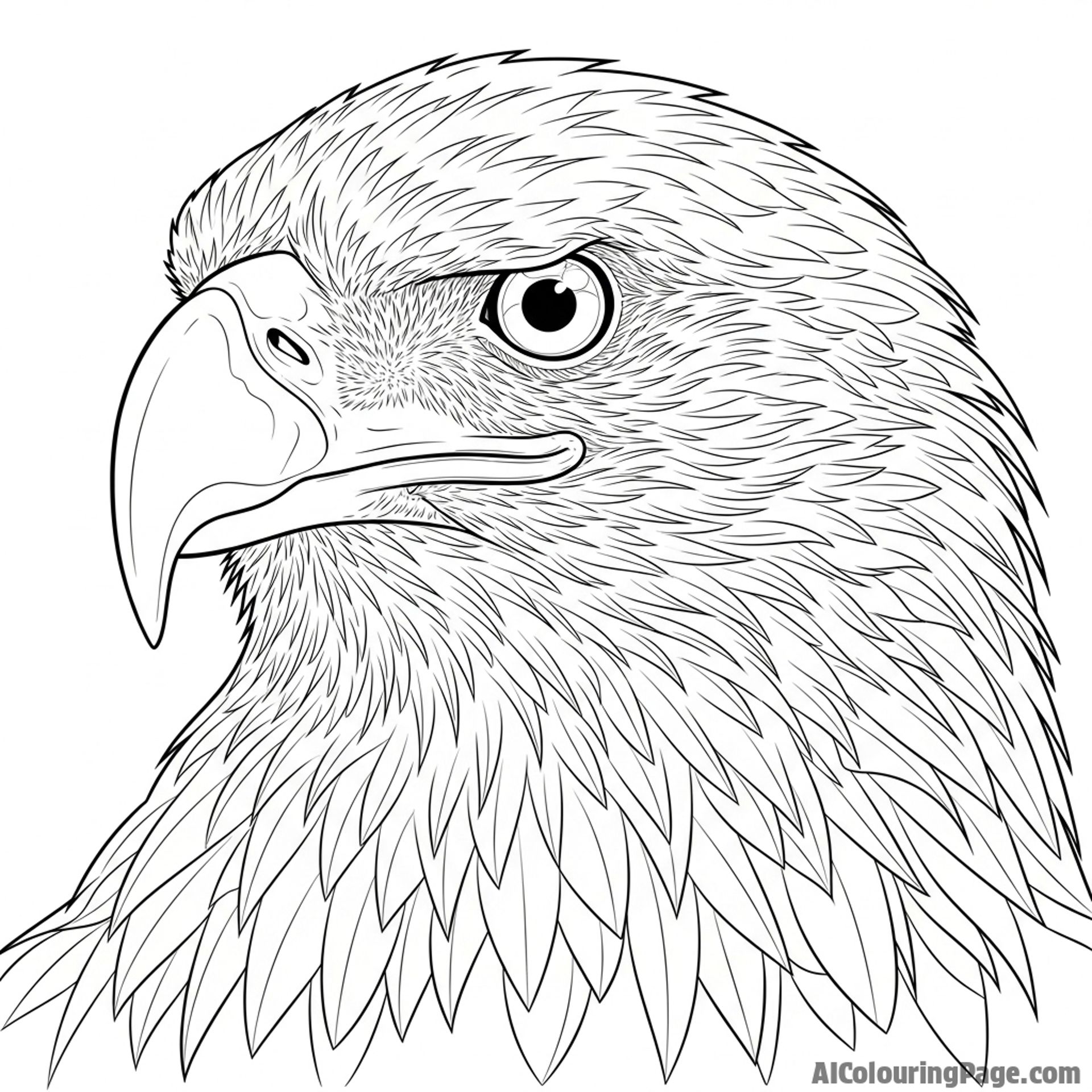 Eagle portrait, displaying its impressive beak and feather details.