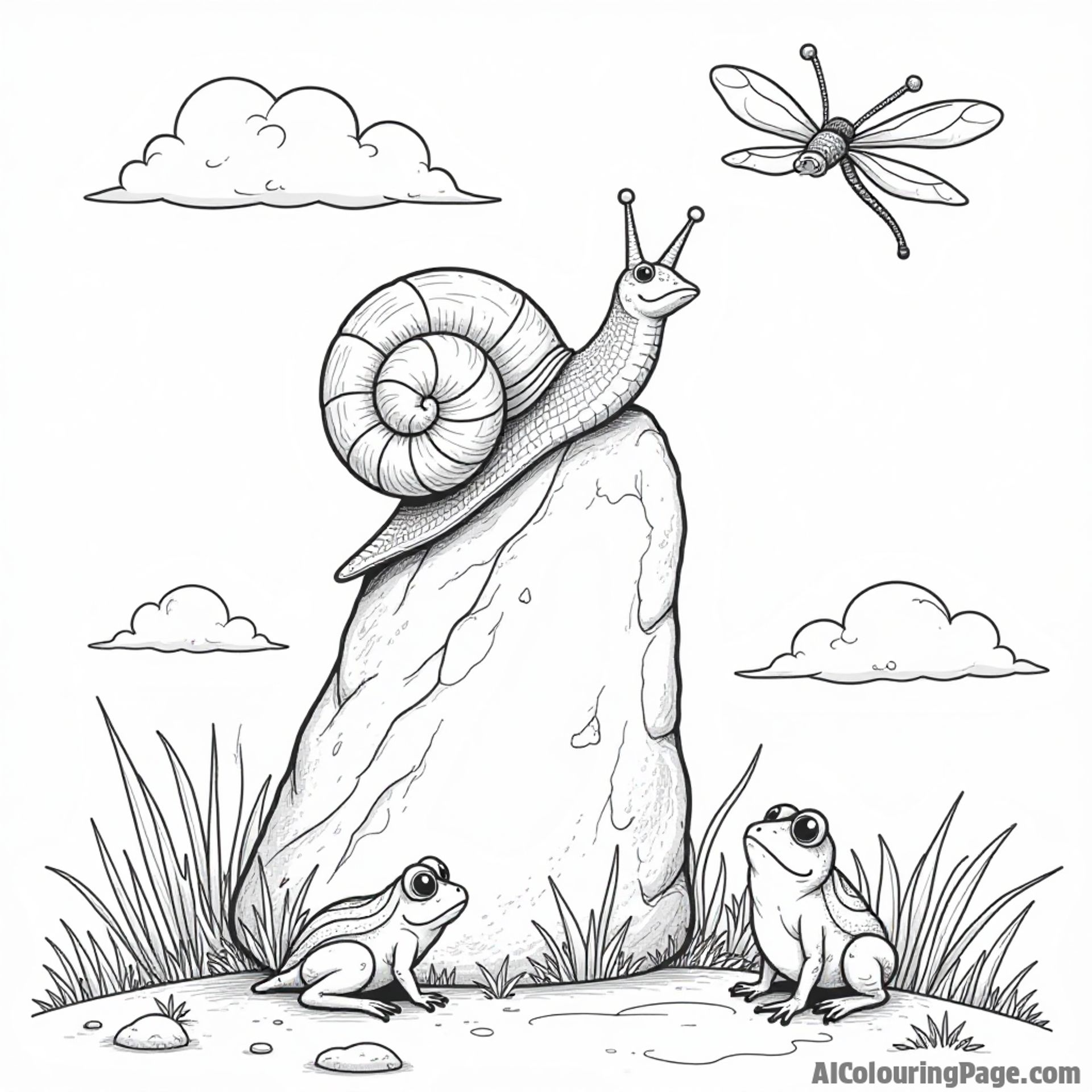 An adventurous snail climbing a tall rock, with a tiny frog sitting nearby and a dragonfly hovering in the sky.