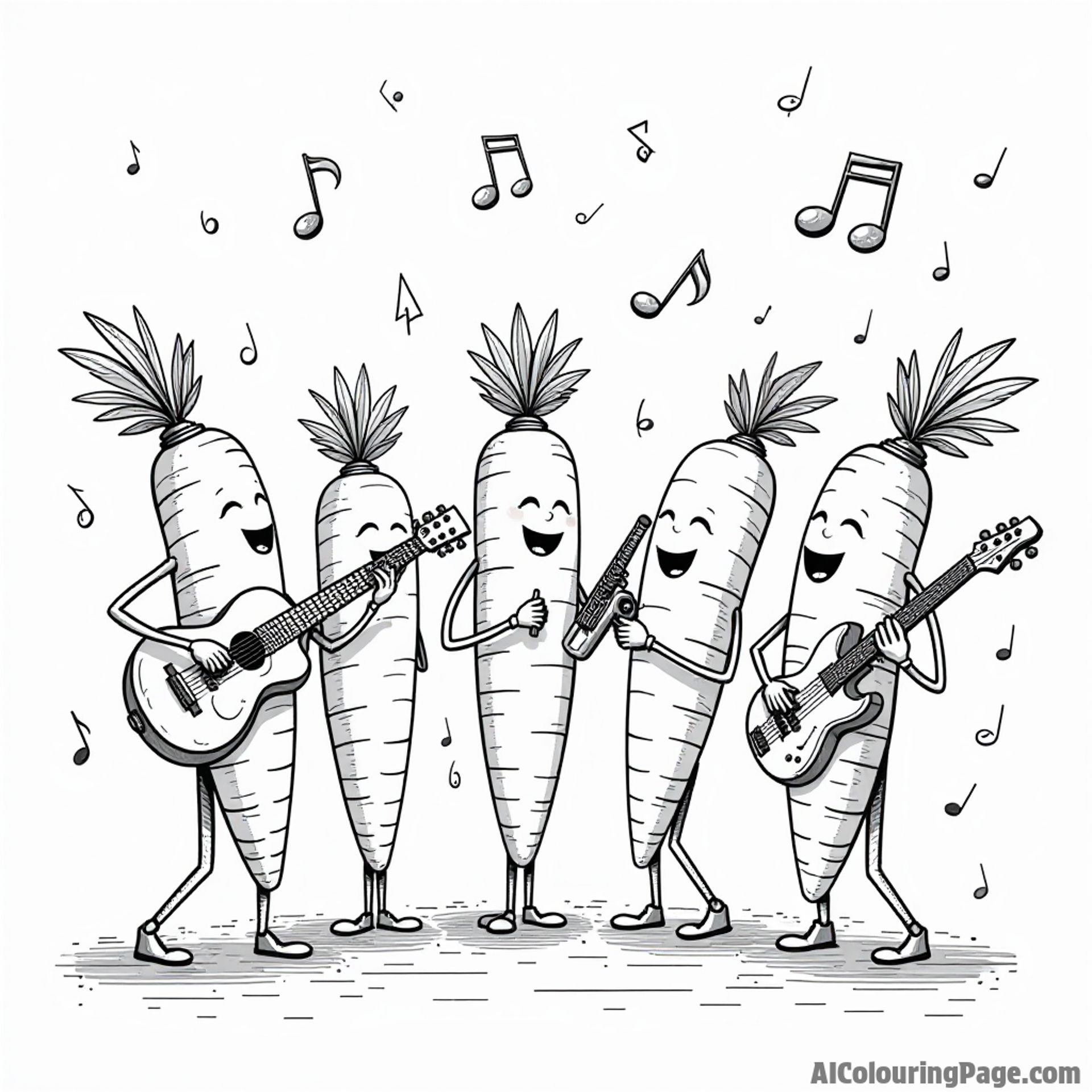 A group of carrots playing musical instruments in a band, with notes swirling around them in a lively concert setting.