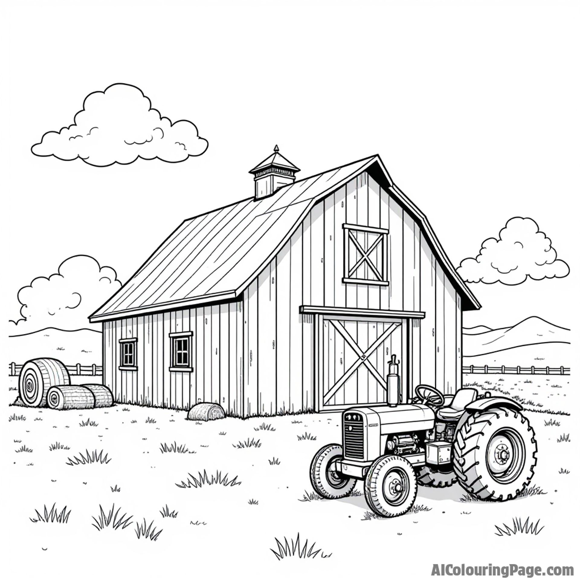A classic Arkansas red barn with hay bales and a tractor in the foreground, inviting children to use their imagination.
