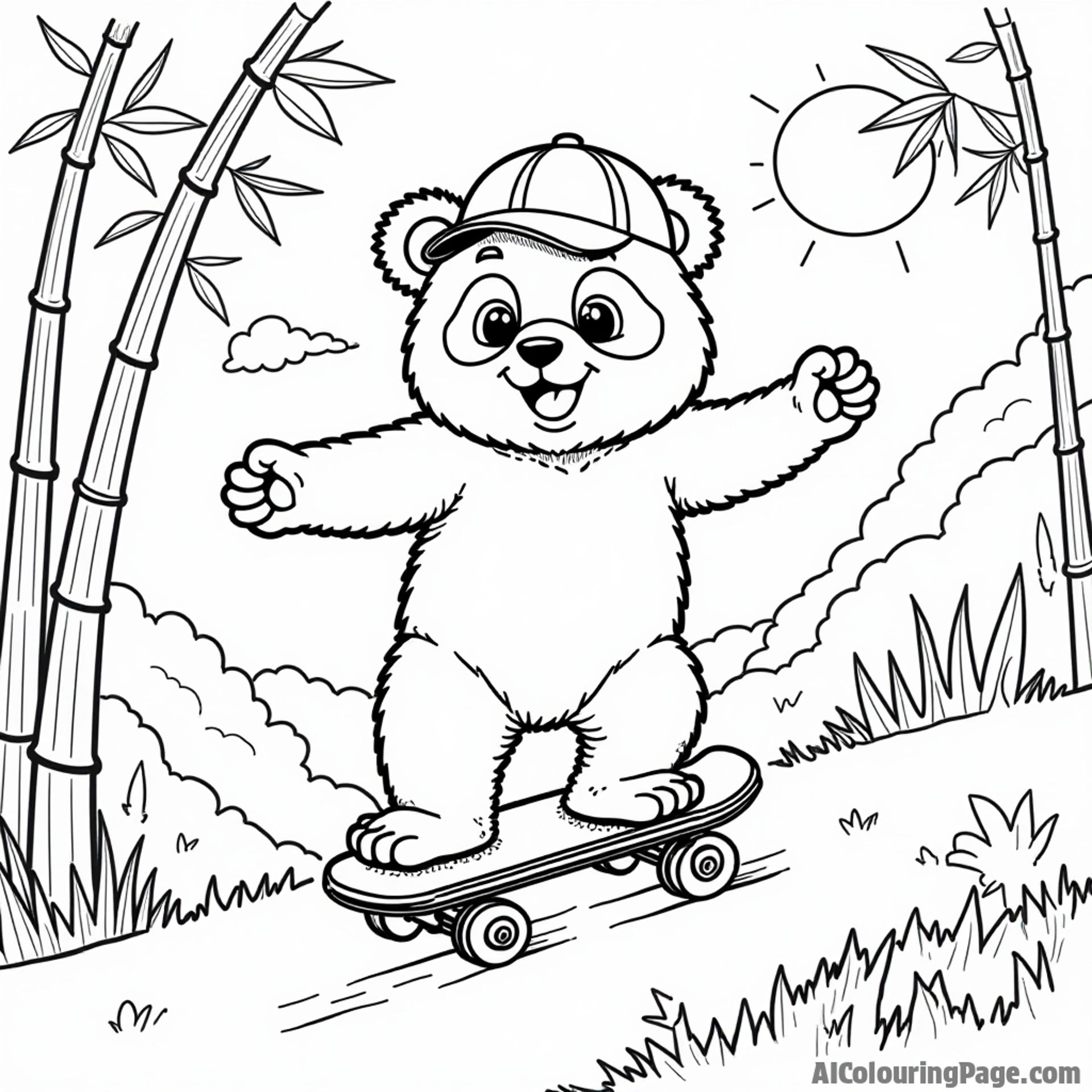 A panda wearing a cap skateboarding down a hill, with bamboo trees and a sunny sky in the background, creating a cute and engaging scene for kids to color.