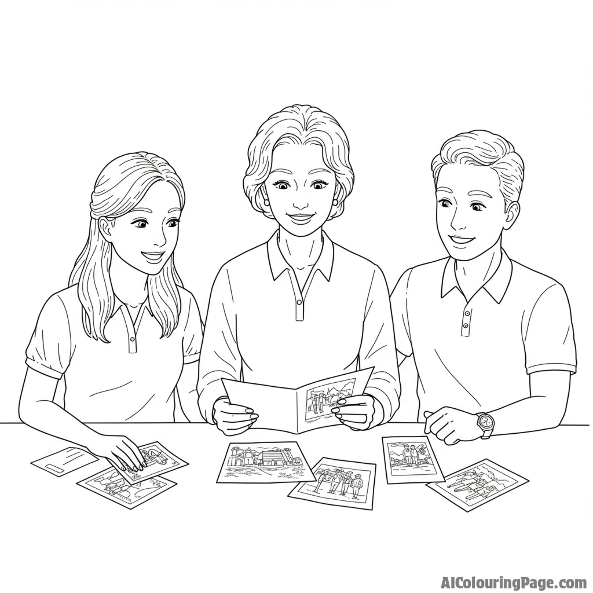 A mother and her adult children reminiscing over old photographs, celebrating shared history.