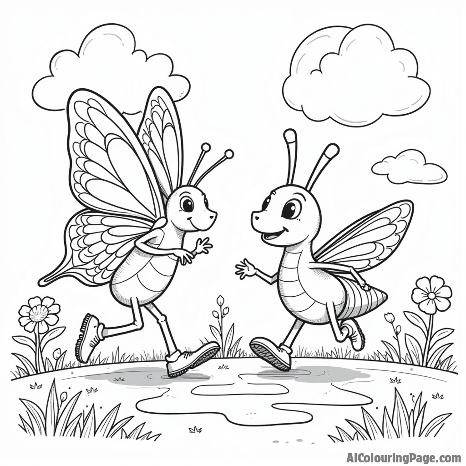 A butterfly and a grasshopper playing hopscotch on a sunny day, with flowers and clouds for kids to color.