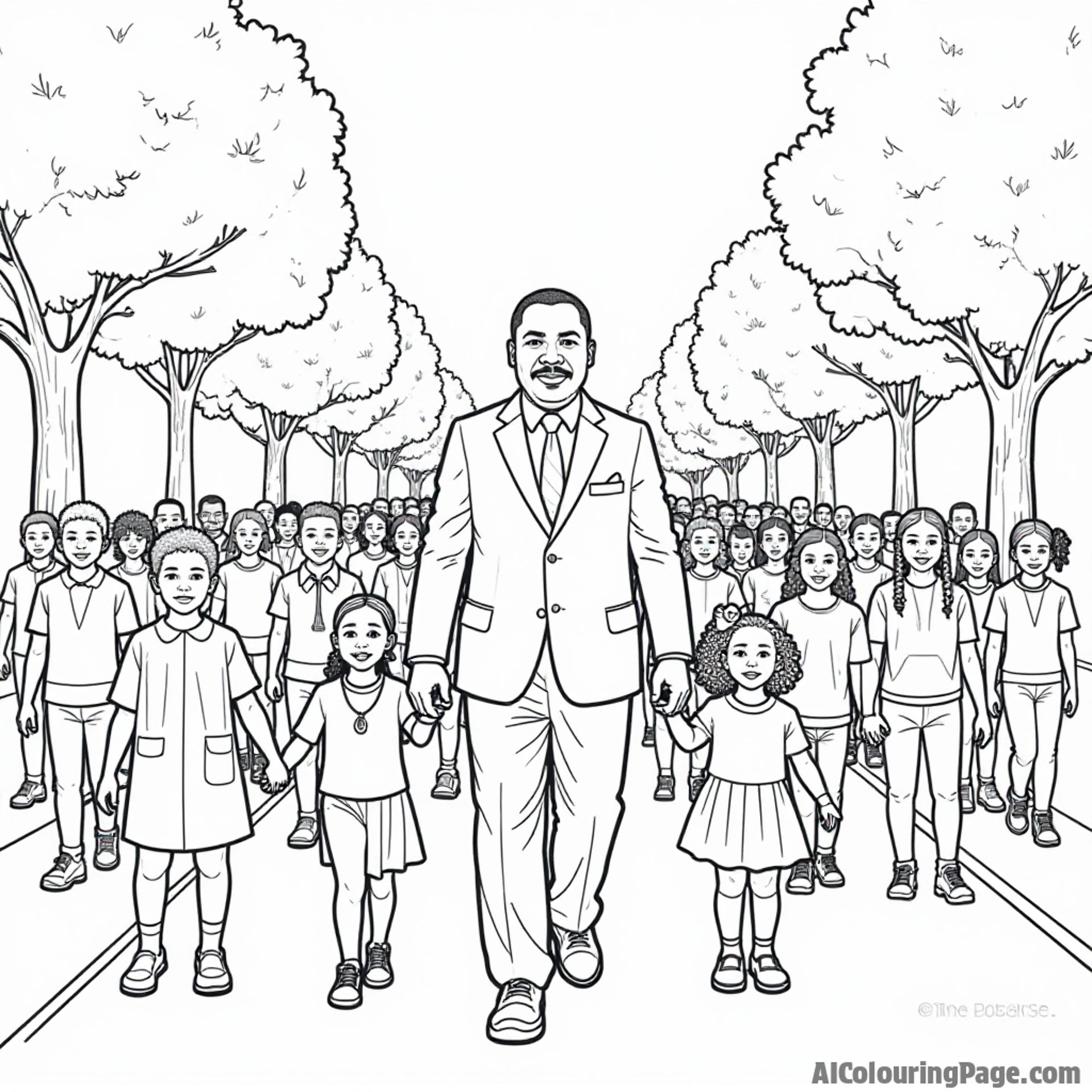 A peaceful march led by Martin Luther King Jr., with children holding hands, banners displaying justice messages, and trees lining the path, ready for young artists to color.