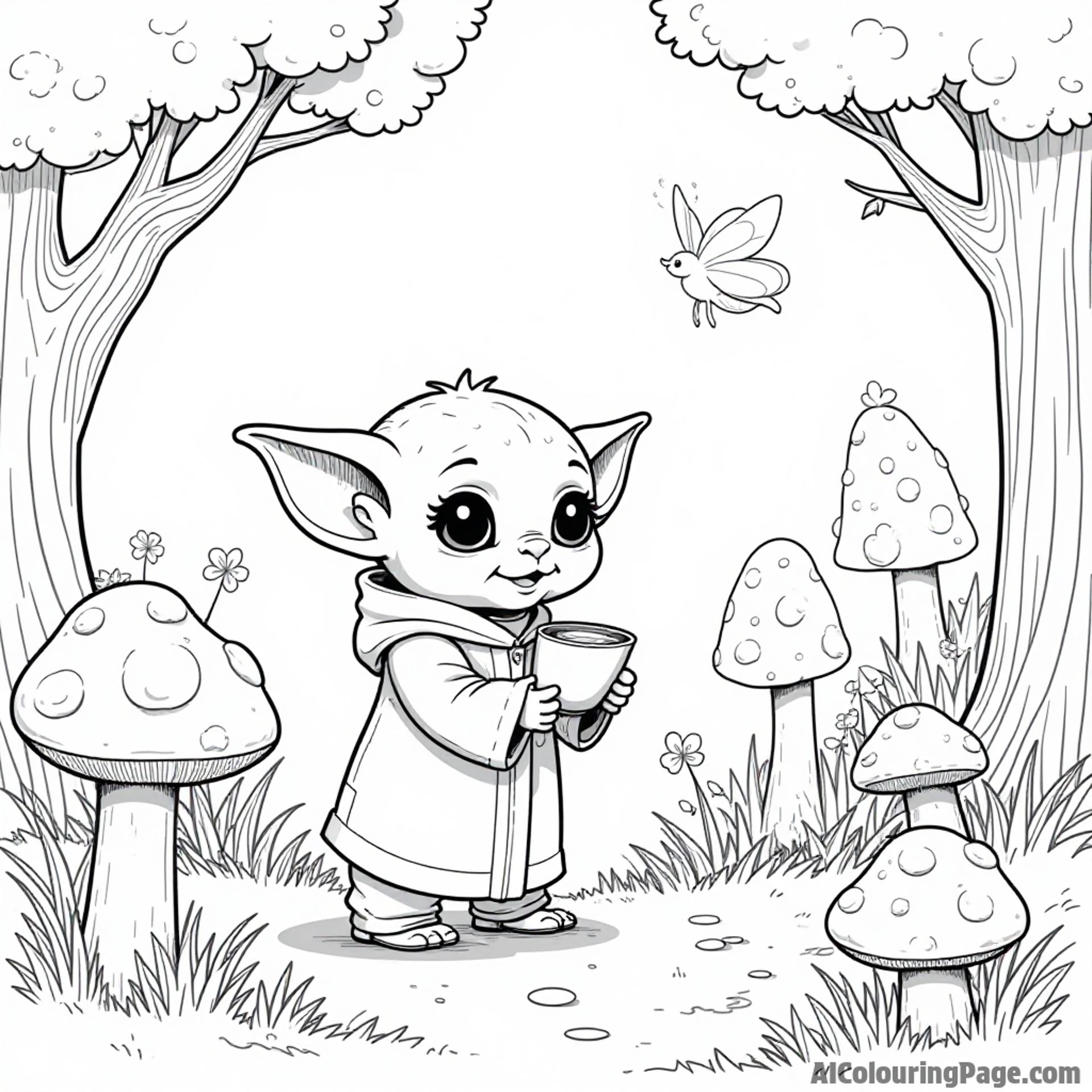 Baby Yoda exploring a magical forest filled with friendly fairies and glowing mushrooms
