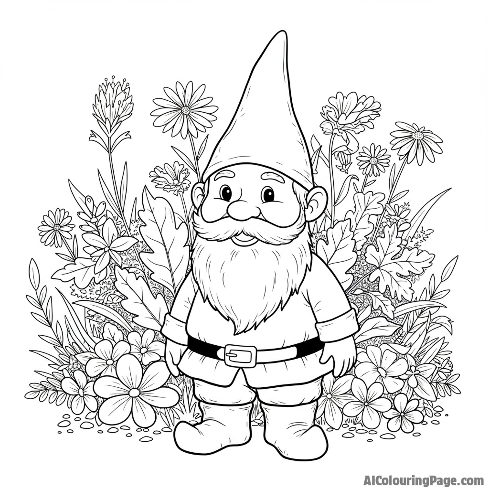 A garden gnome standing amongst flourishing foliage.