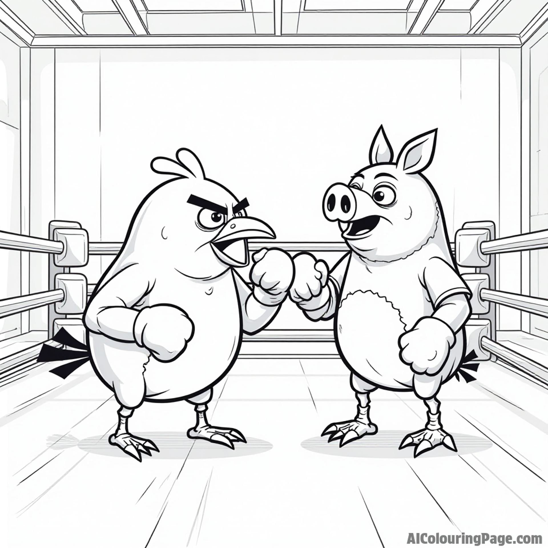 An angry bird in a boxing ring with a pig as the referee, both ready for a fun match in a gym