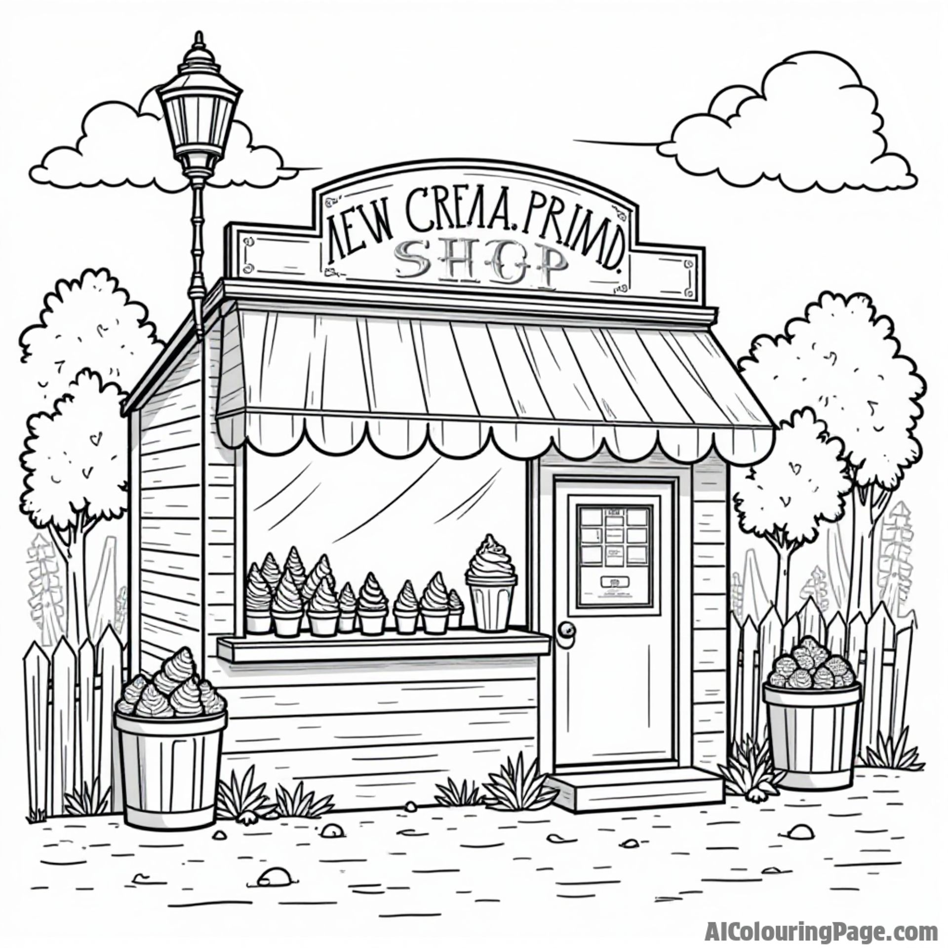 A whimsical ice cream shop with cones and sundaes, set against a backdrop of New Hampshire’s charming small-town scenery.