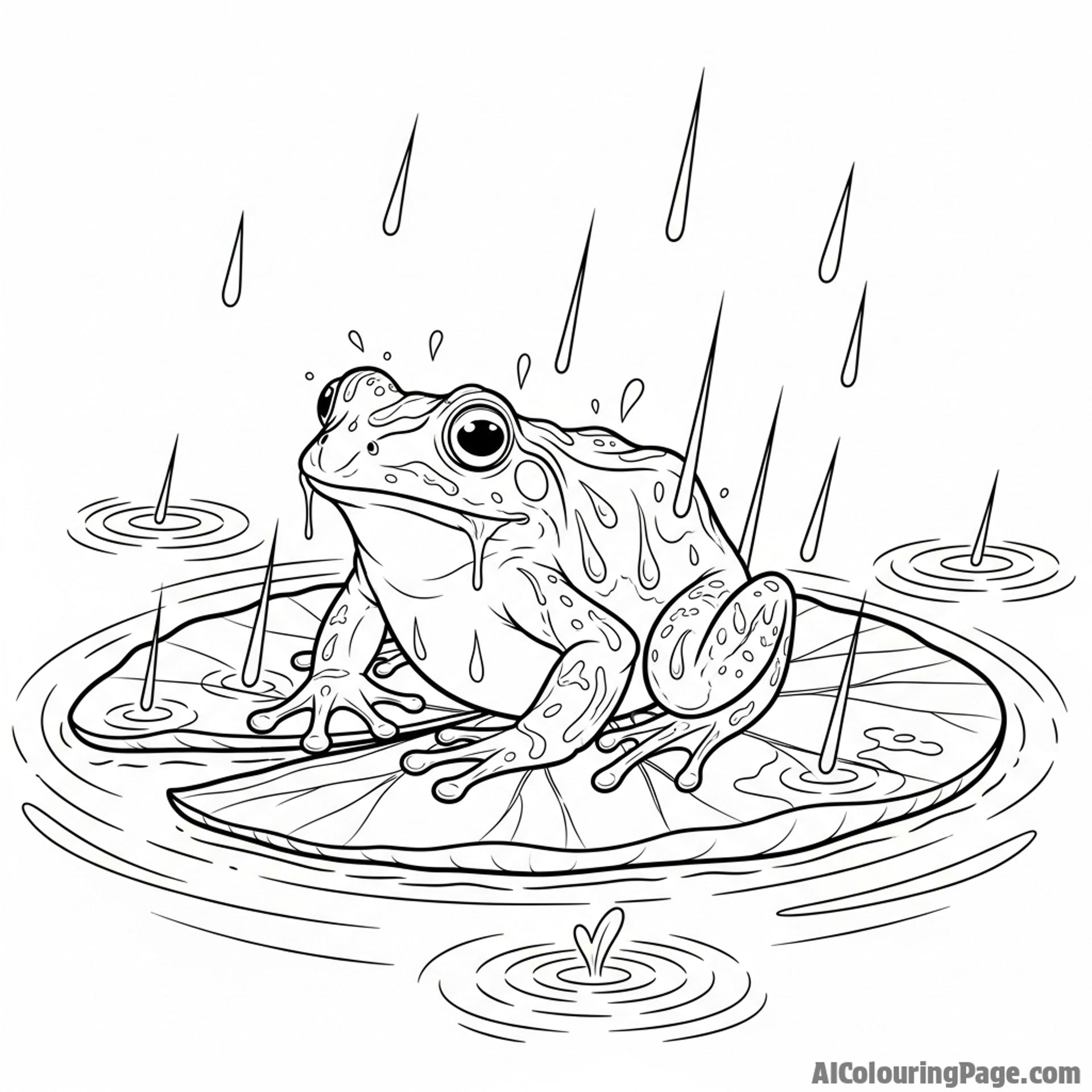 A frog with glistening skin sitting on a lily pad in the rain