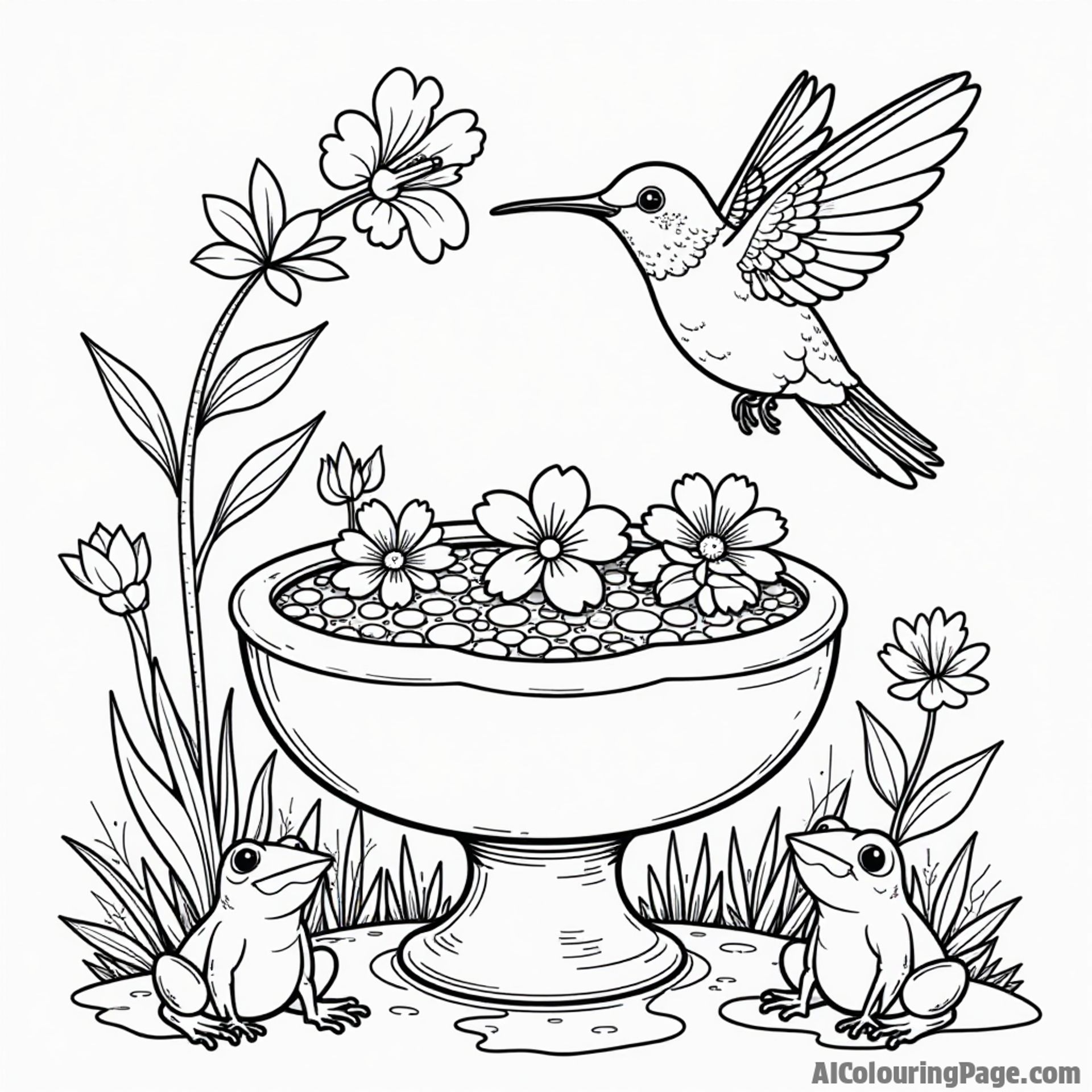 A cute hummingbird hovering above a birdbath filled with colorful flowers and playful frogs nearby.