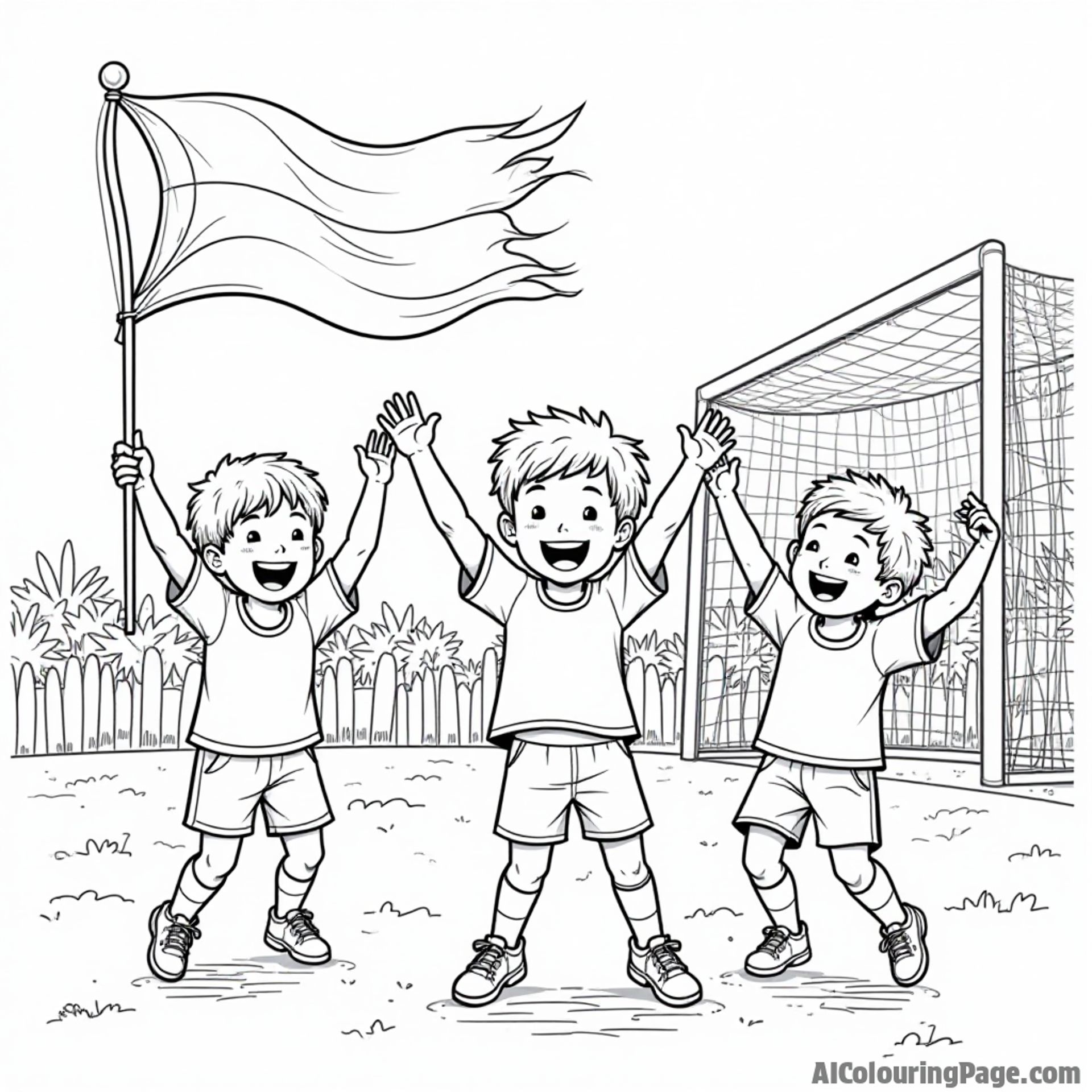 A scene of kids celebrating after scoring a goal, with arms raised in joy, a colorful flag waving in the background, all outlined for a fun black and white coloring activity.