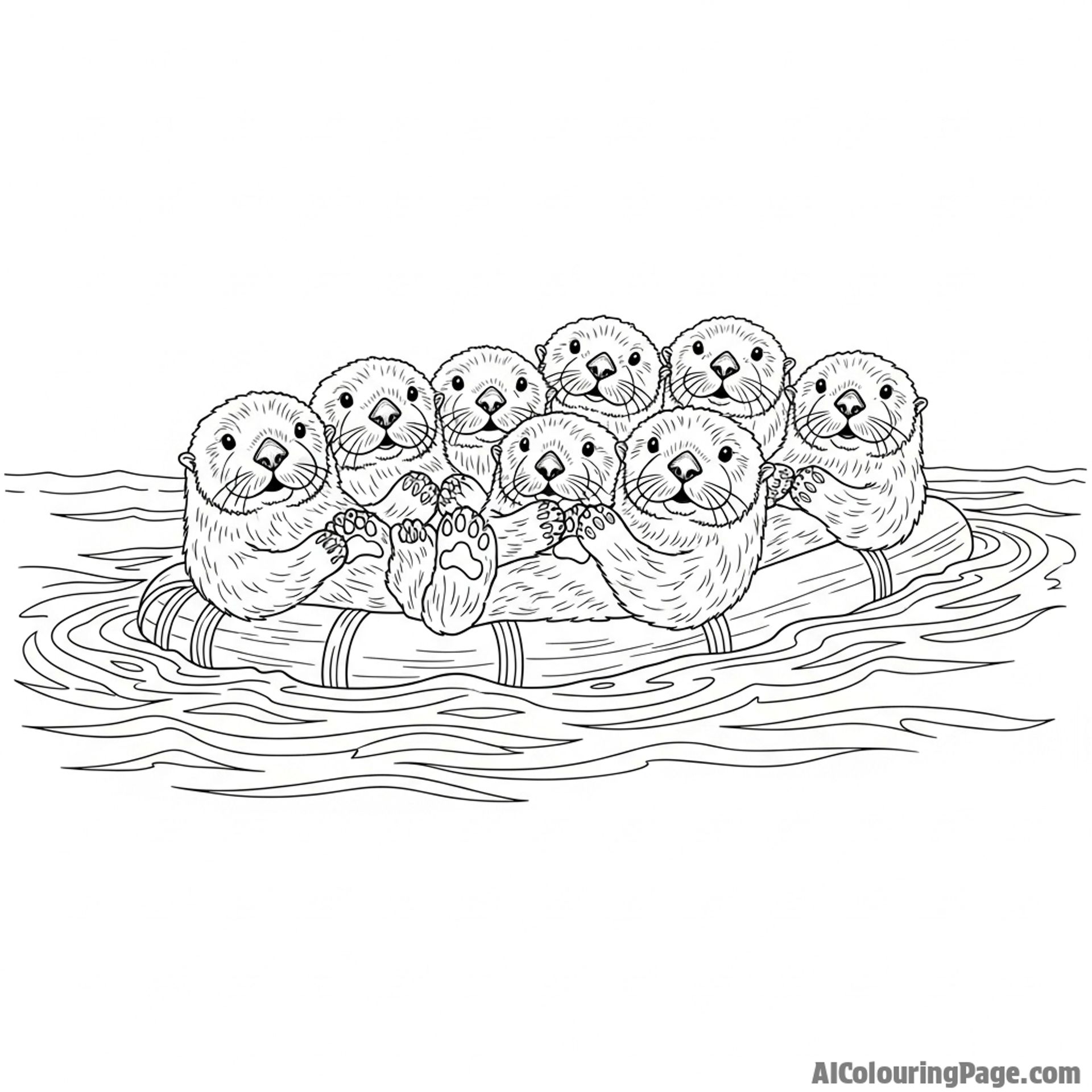 A raft of sea otters holding paws as they float on the ocean surface.