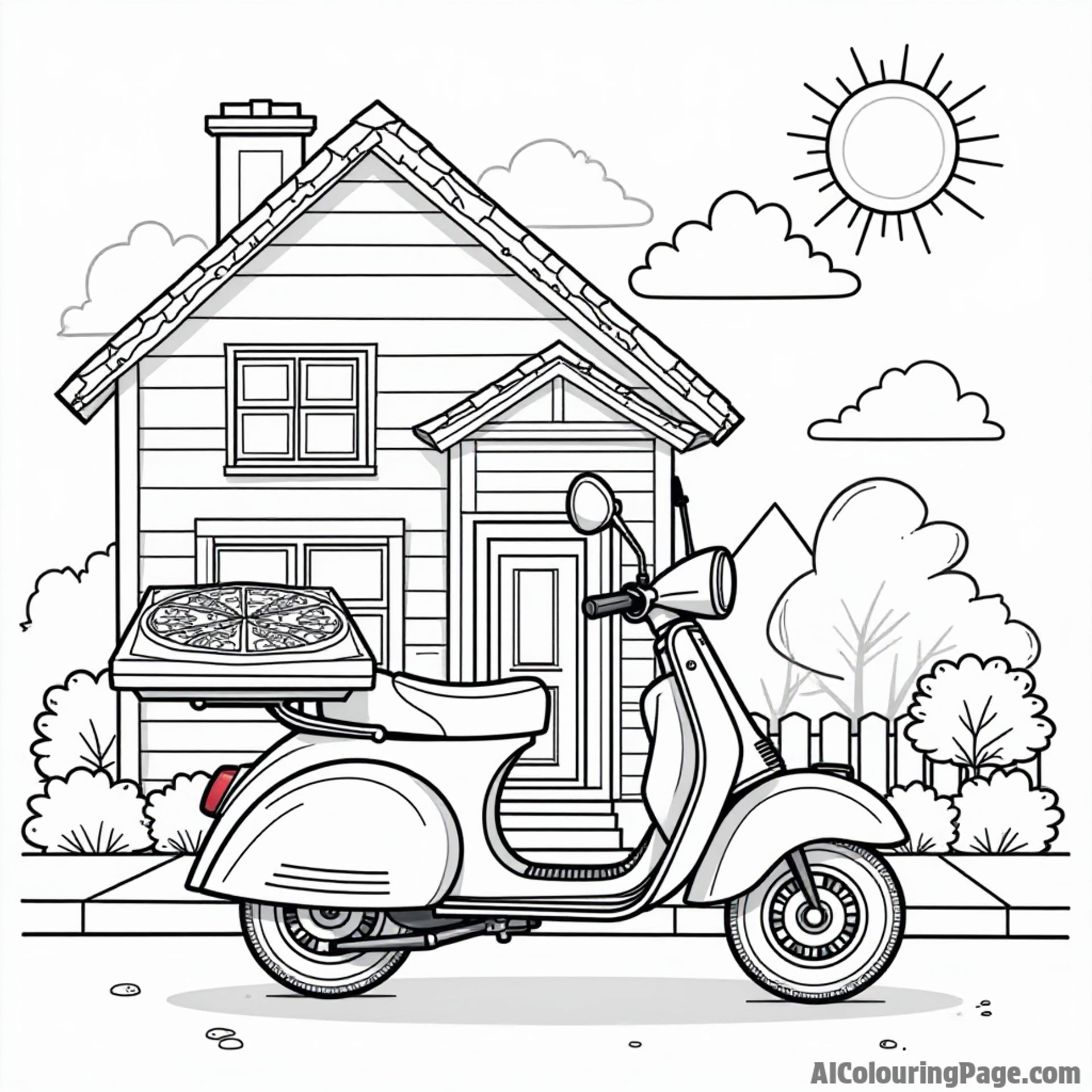 A friendly pizza delivery scooter parked outside a colorful house, with a pizza box in the basket, and a sunny sky.