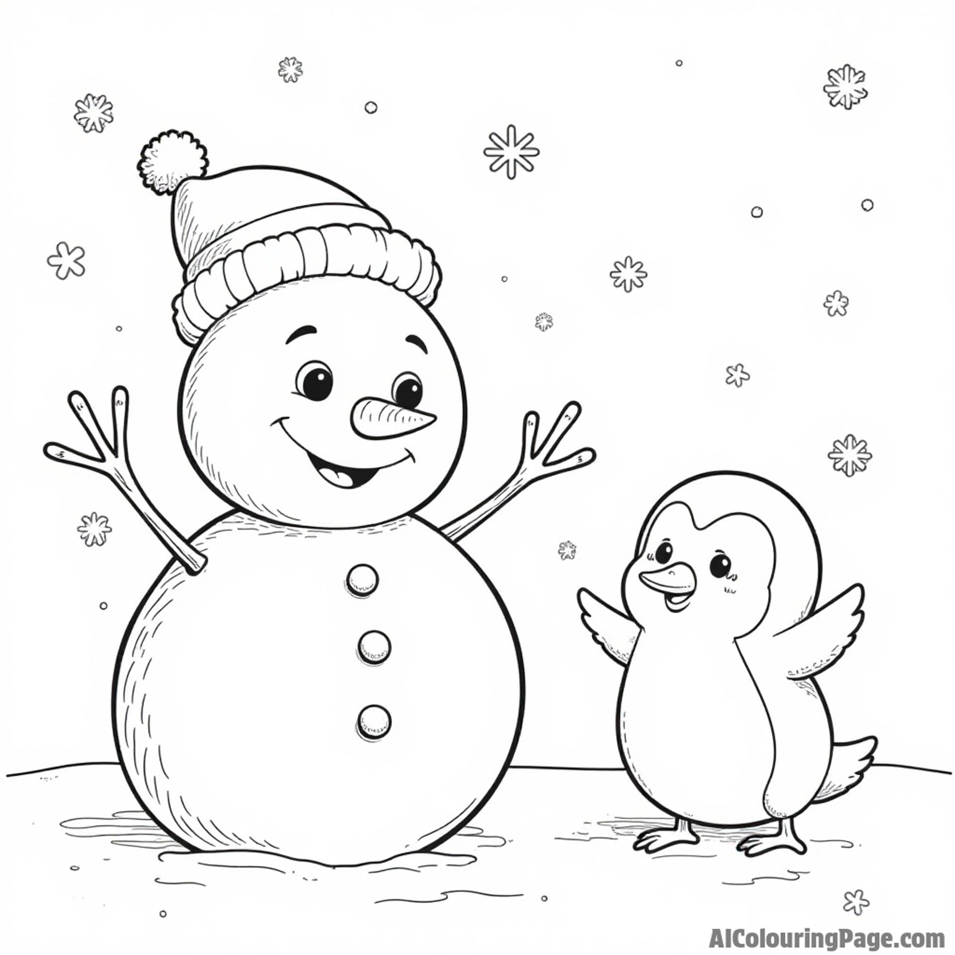 A joyful winter scene with a happy snowman character, a playful penguin, and cheerful snowflakes falling from the sky.