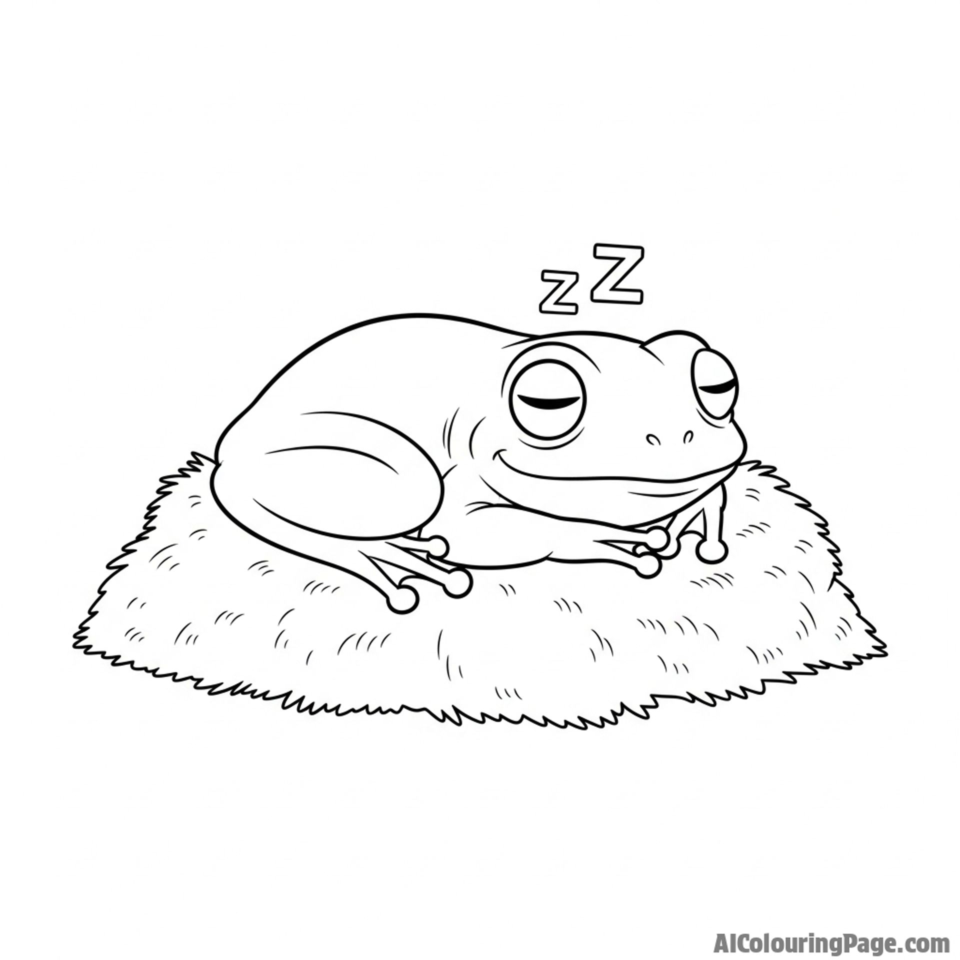 A frog sleeping peacefully, curled up on a soft bed of moss.