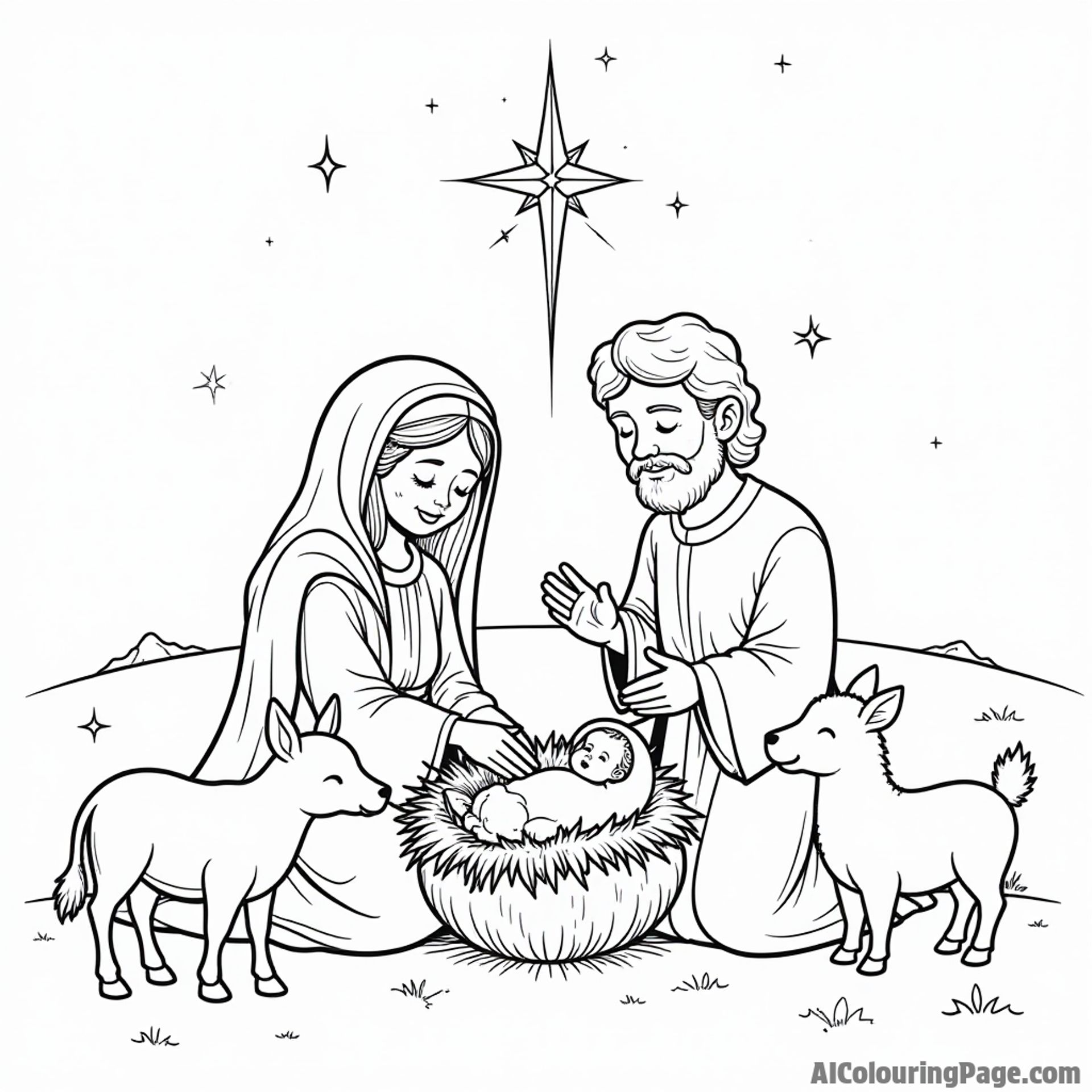 A charming nativity scene featuring Mary, Joseph, and baby Jesus, surrounded by animals and a shining star above.