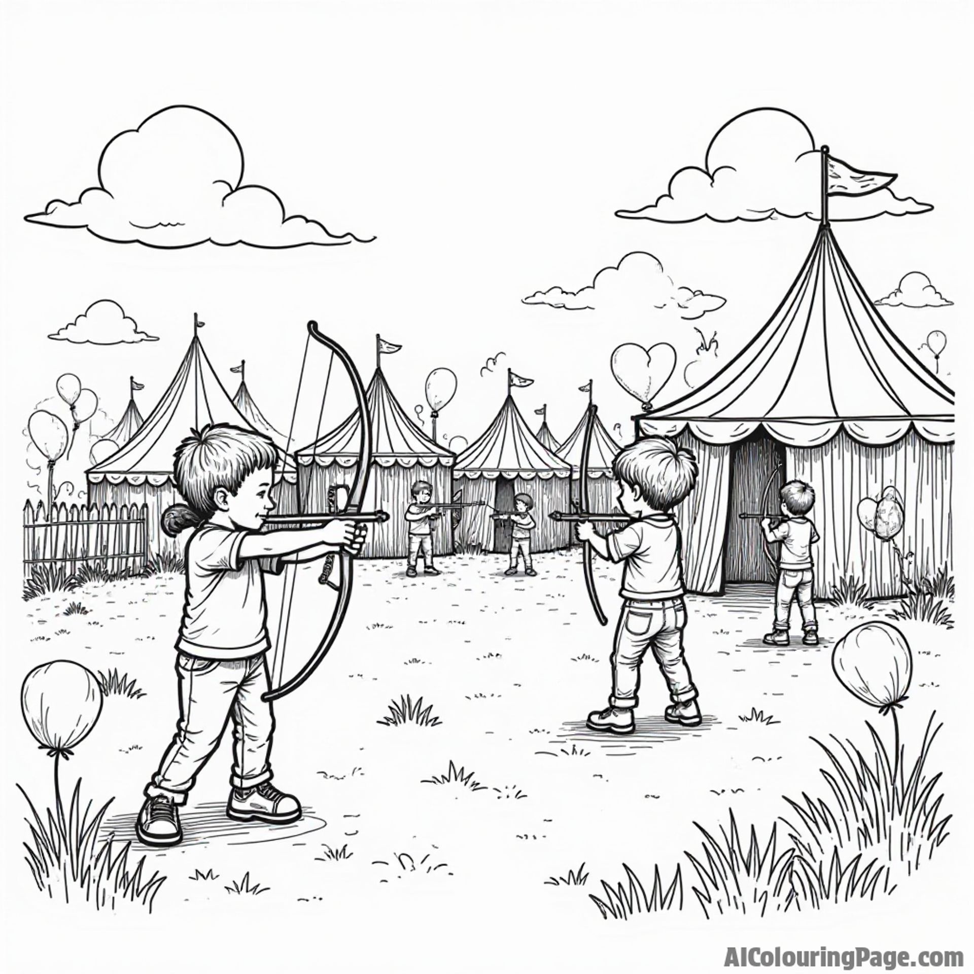 A vibrant carnival scene with kids participating in an archery contest, colorful tents, and balloons in the background, creating an exciting atmosphere for young artists to explore.