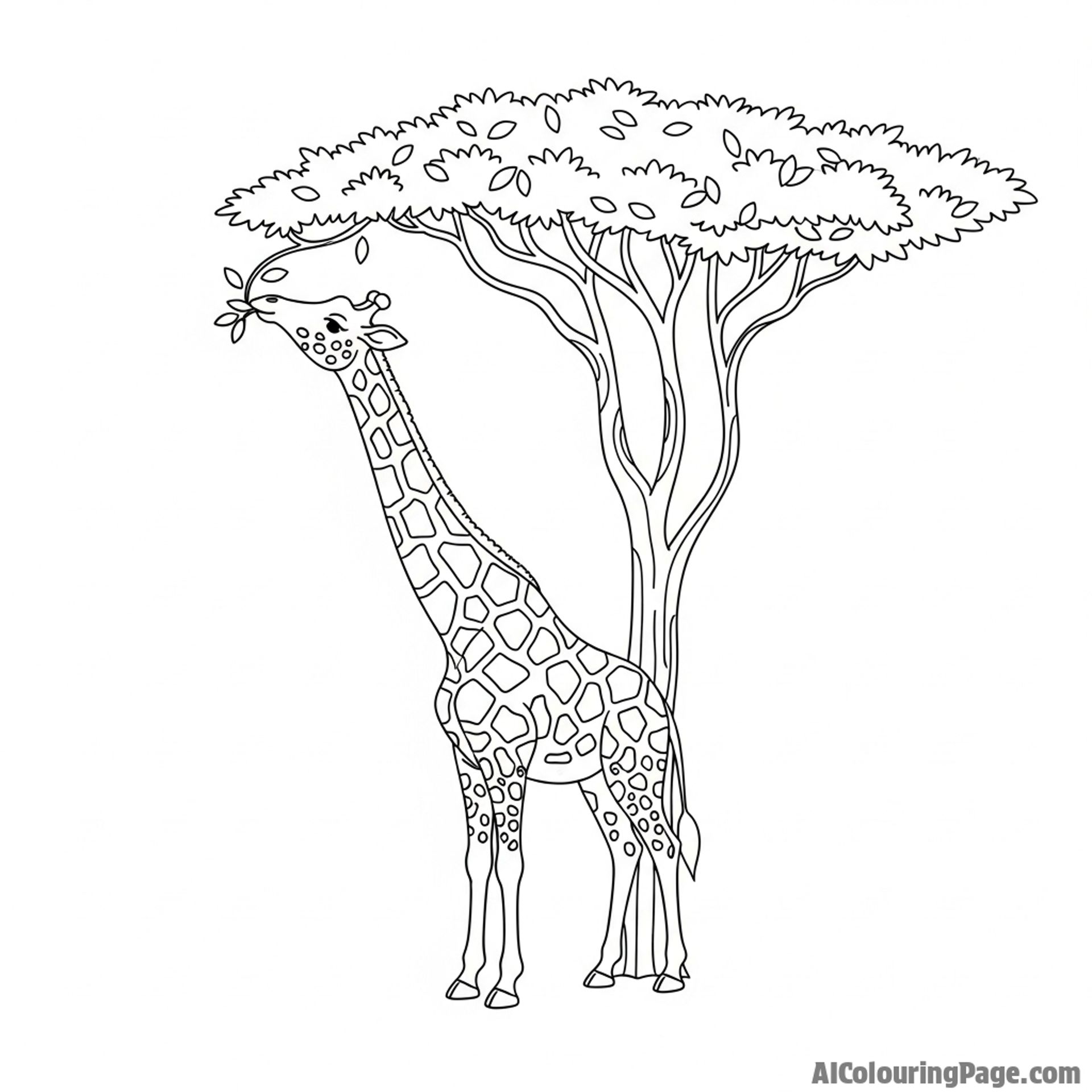 A giraffe stretching its neck to reach the highest leaves of an acacia tree.