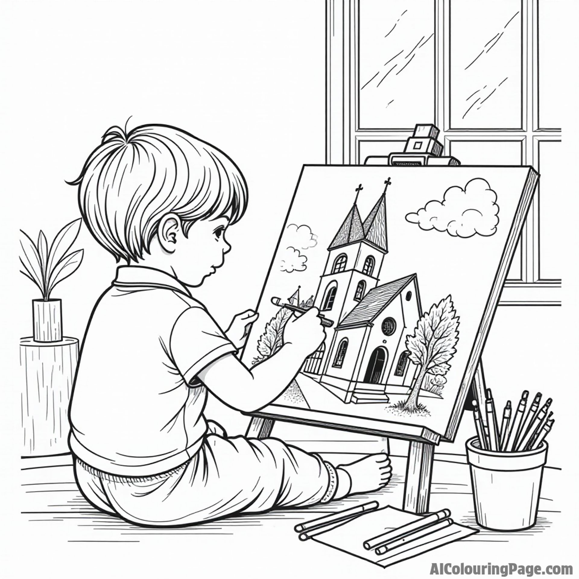 A child painting a picture of a church, with art supplies scattered around and a window showing the church view.