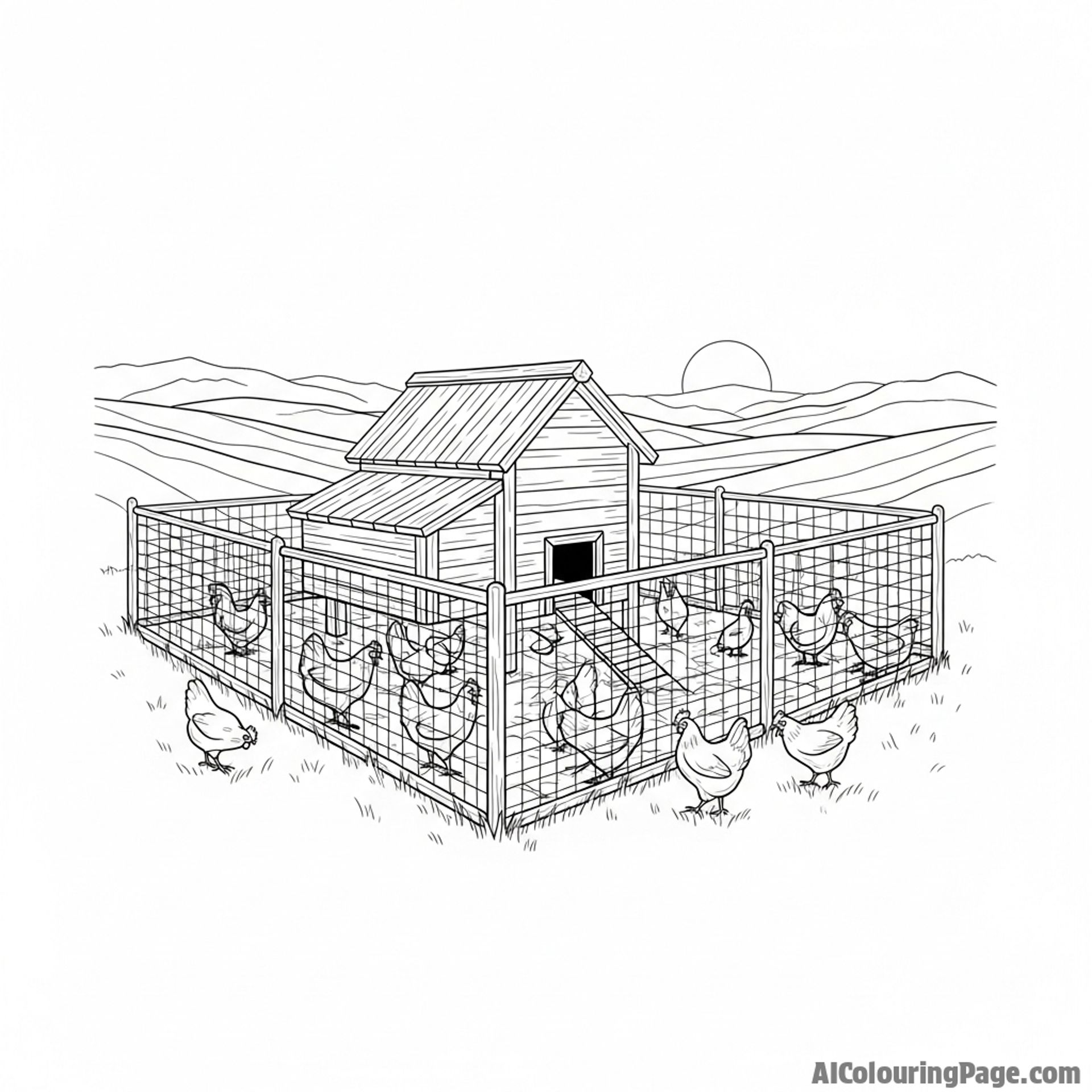 An impressionistic oil painting of a chicken coop at dusk.