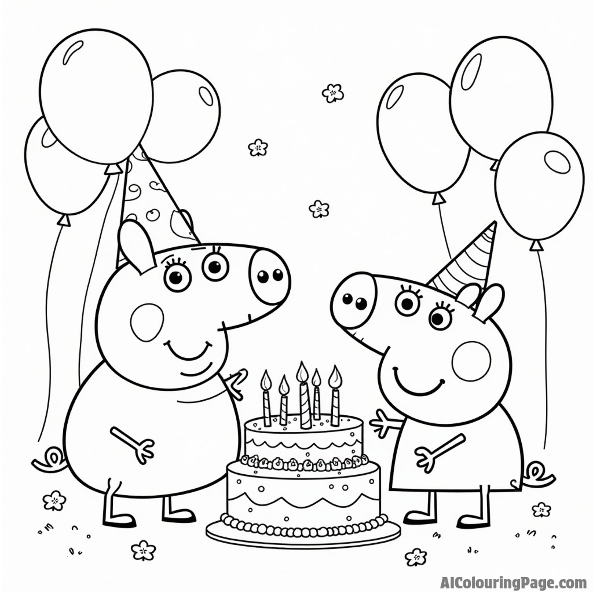 Peppa Pig and her family celebrating a birthday party with balloons, cake, and party hats all around the cheerful scene.