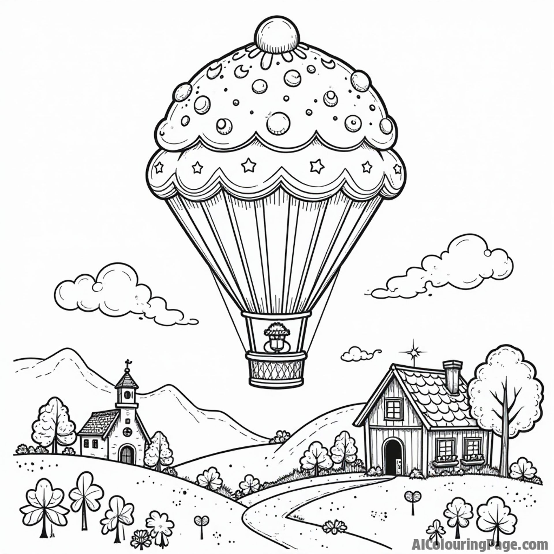 A hot air balloon shaped like a giant cupcake, floating above a whimsical village with candy houses, making for a sweet and adventurous coloring experience.