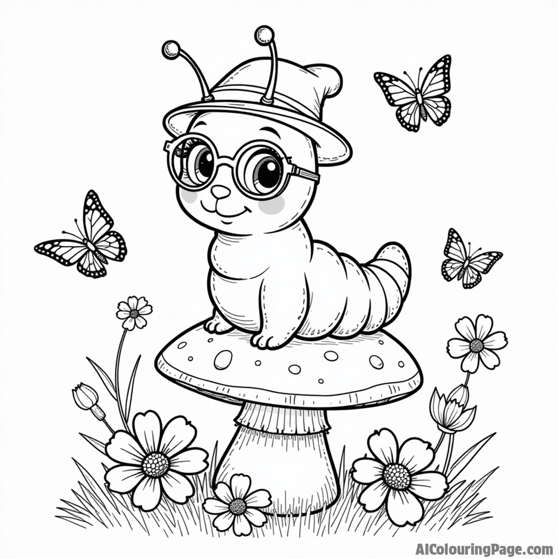 A caterpillar wearing a tiny hat and glasses, sitting on a mushroom surrounded by flowers and butterflies to color.