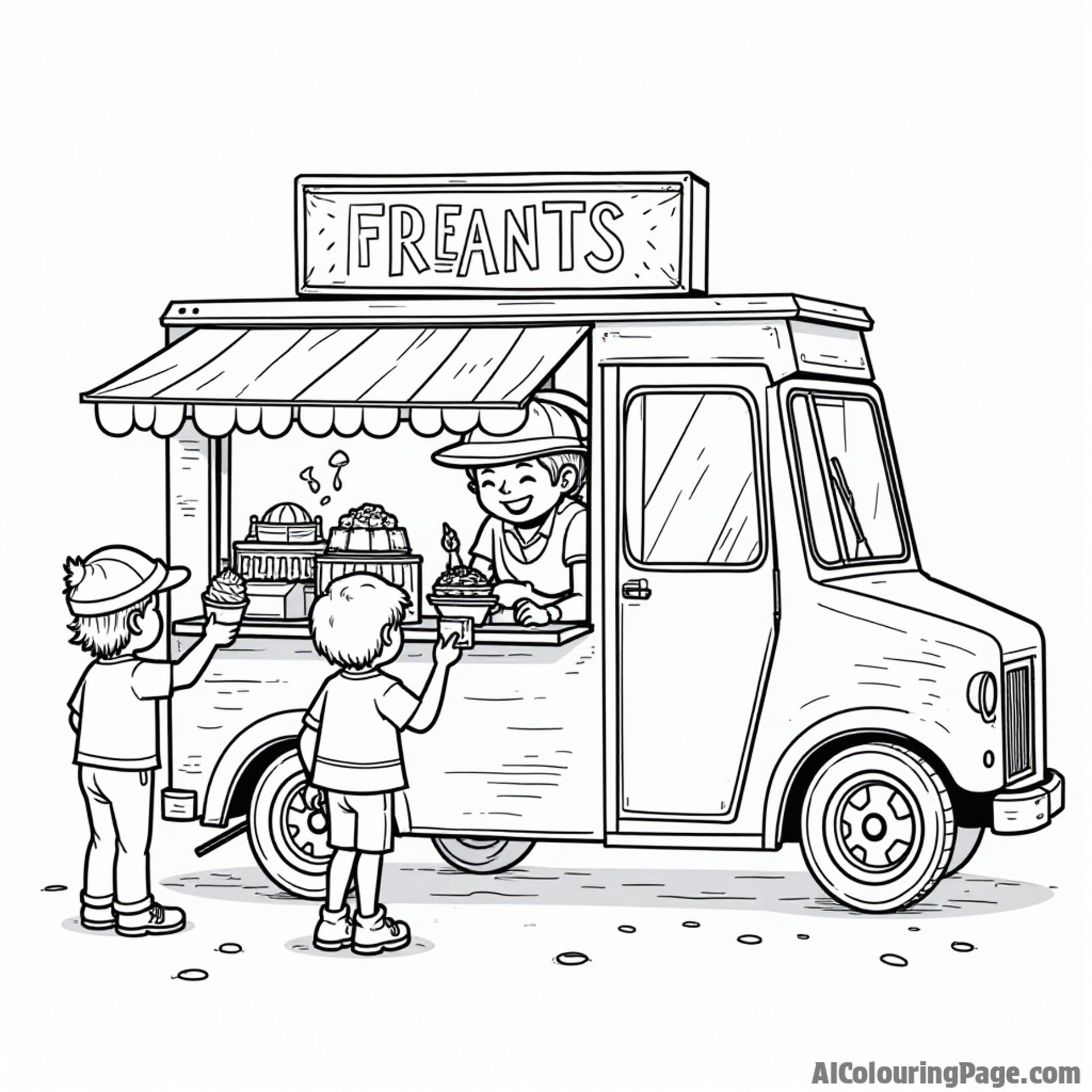 A bustling food truck serving delicious treats, children eagerly ordering, and colorful menus displayed, perfect for a fun Festivals and Traditions Coloring Sheet.