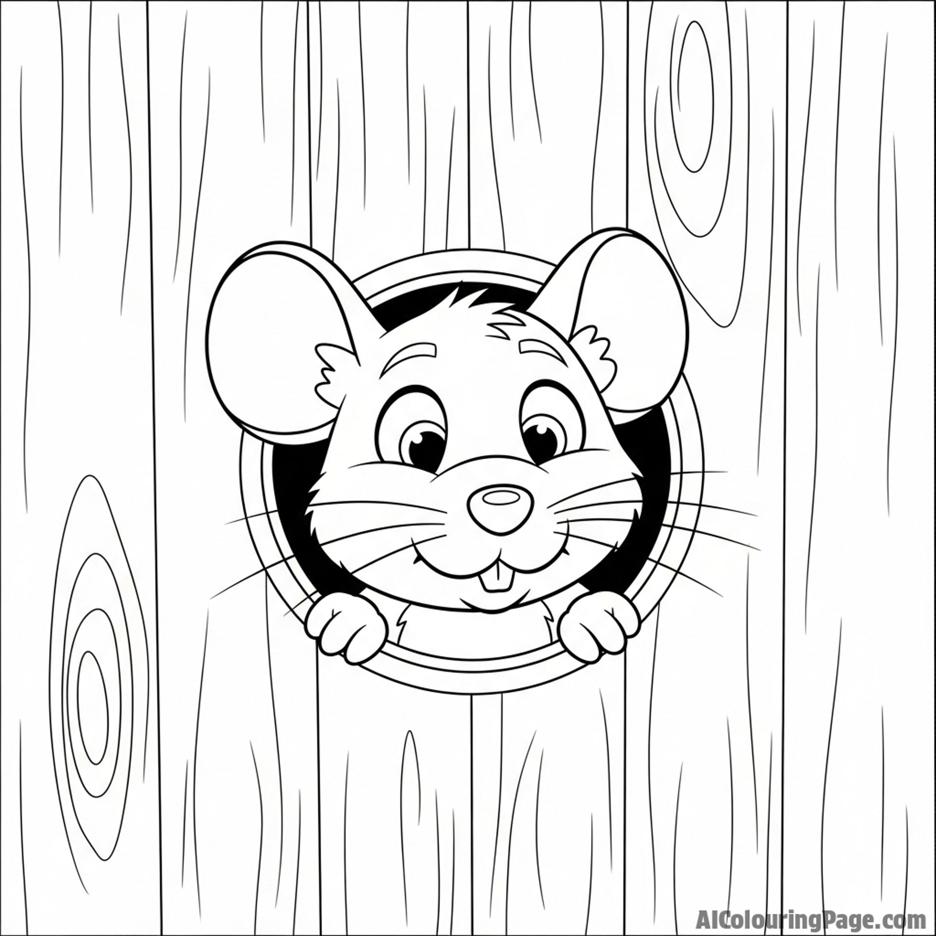 A curious mouse peering out from a hole in a wooden wall, only its head and paws visible.