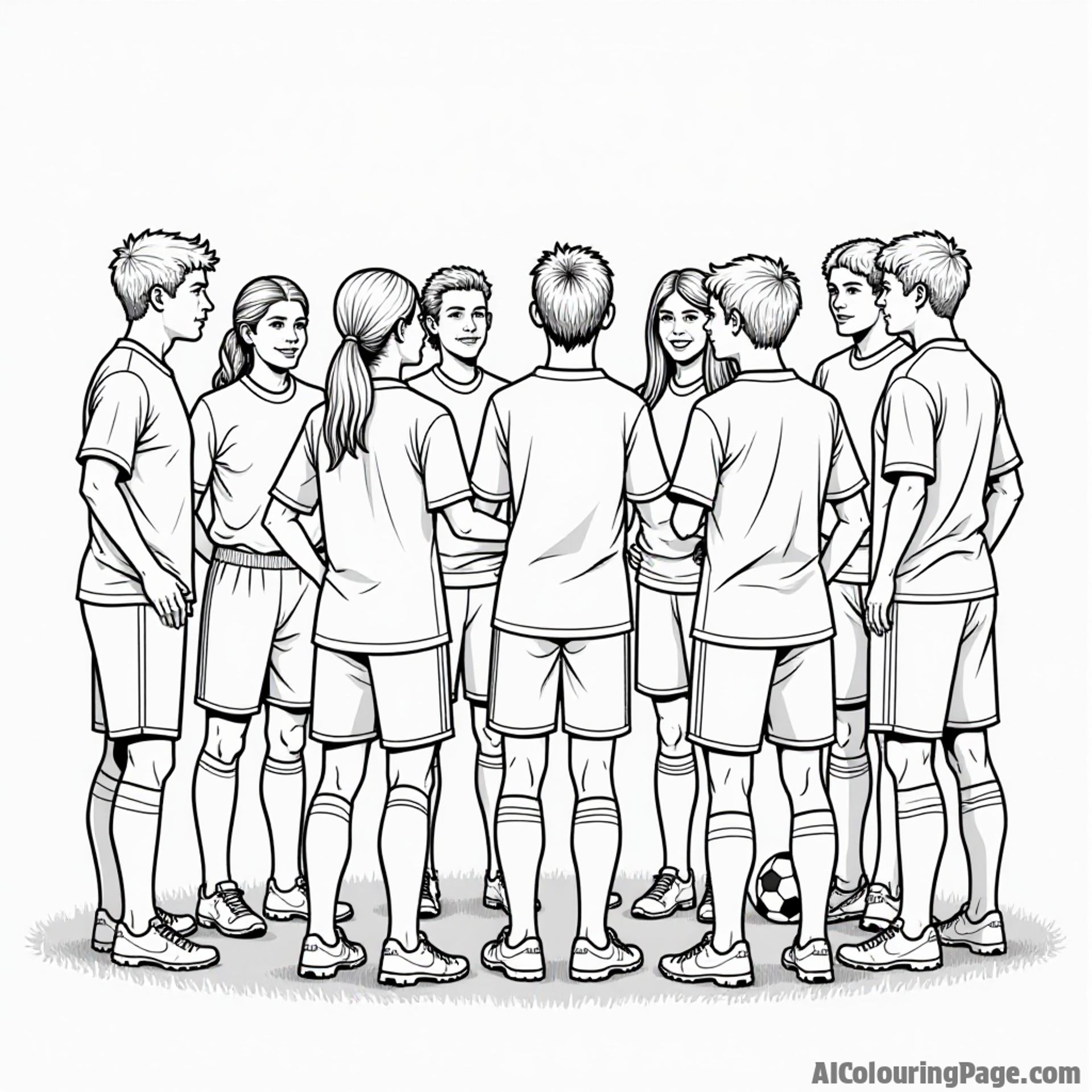 A soccer team huddled together before a big game, with coaches giving pep talks, a soccer ball at their feet, all outlined in a playful black and white style for coloring.