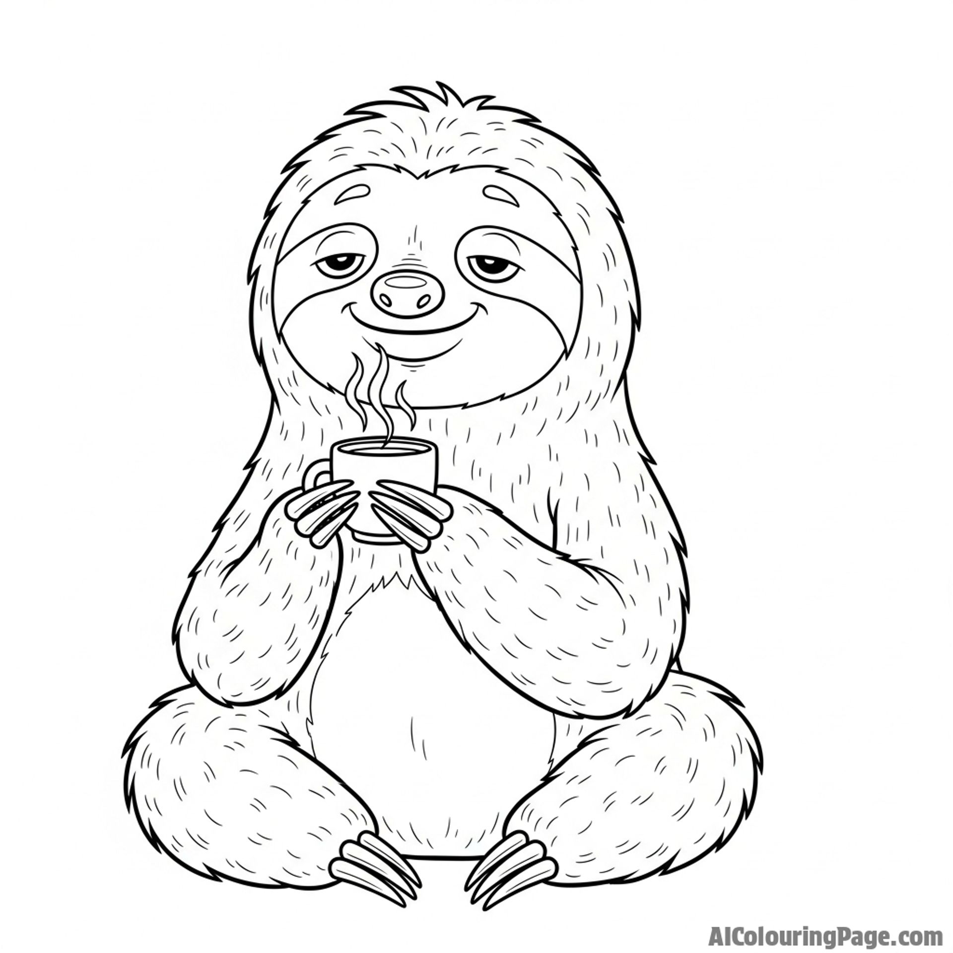 A sloth enjoying a steaming beverage from a miniature cup.