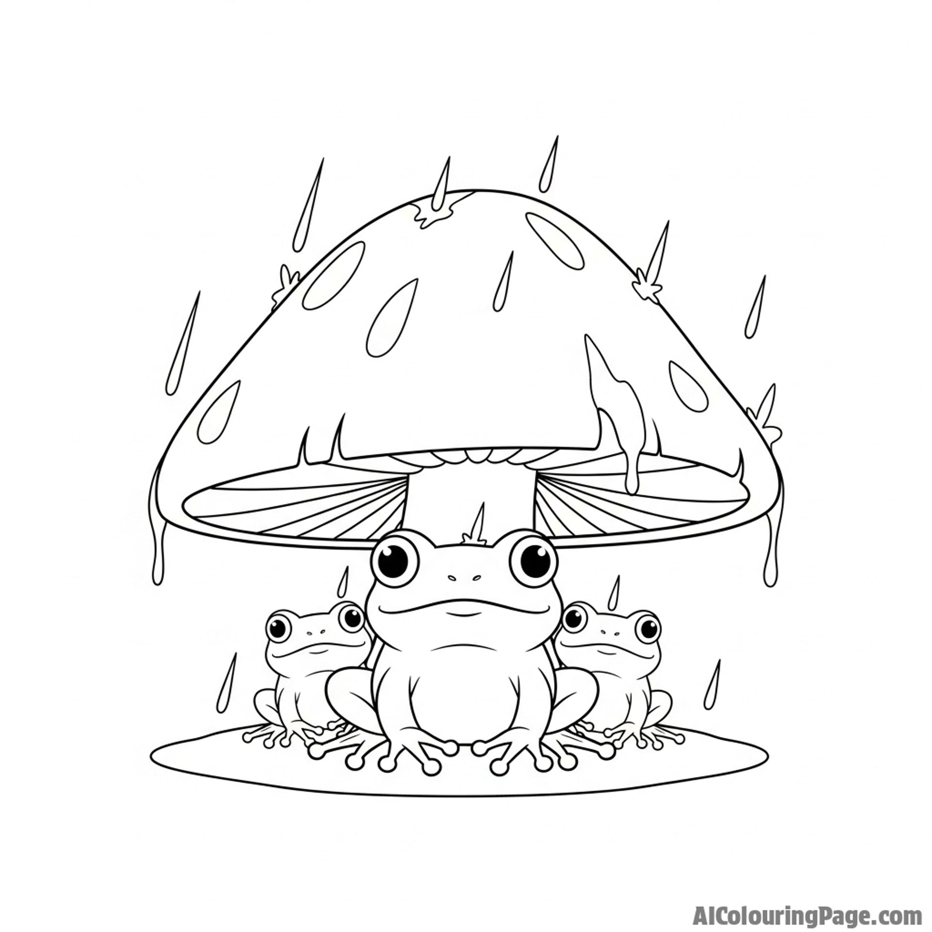 A family of frogs huddled together under a large mushroom during a downpour.