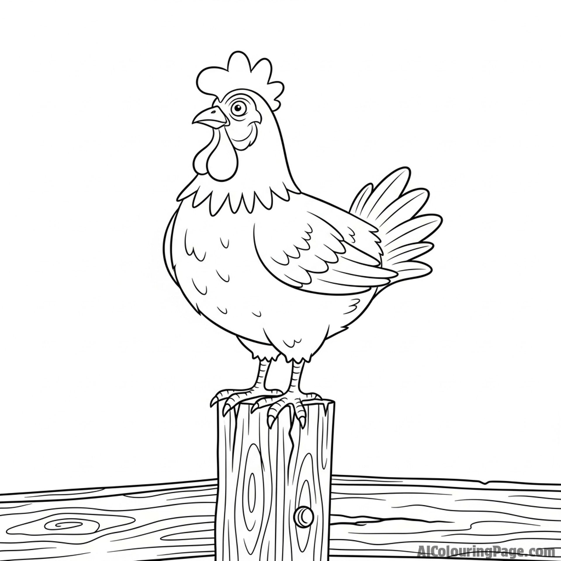 A chicken standing on a weathered wooden fence post, surveying its domain.