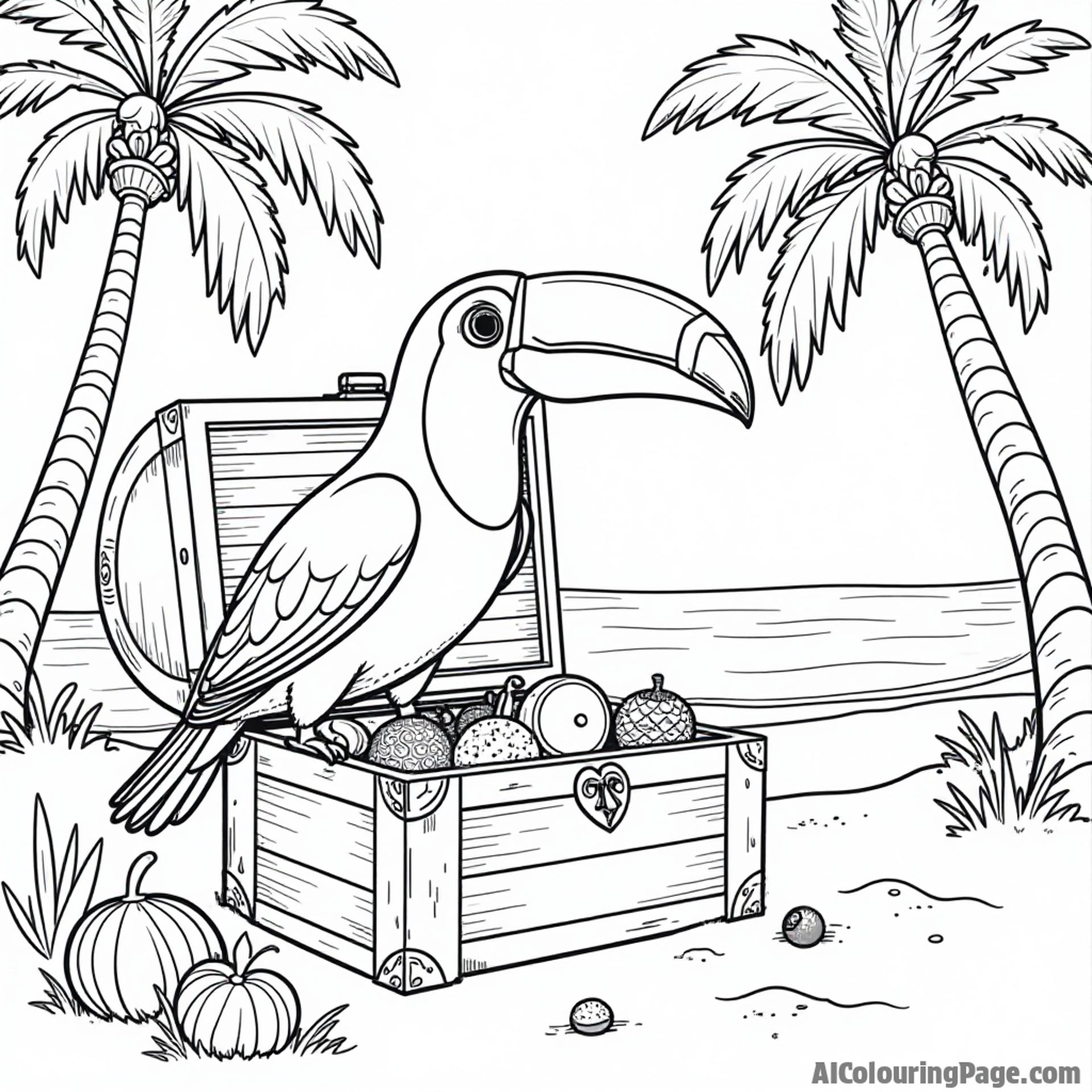 A toucan exploring a treasure chest filled with tropical fruits and jewels on a sandy beach with palm trees.