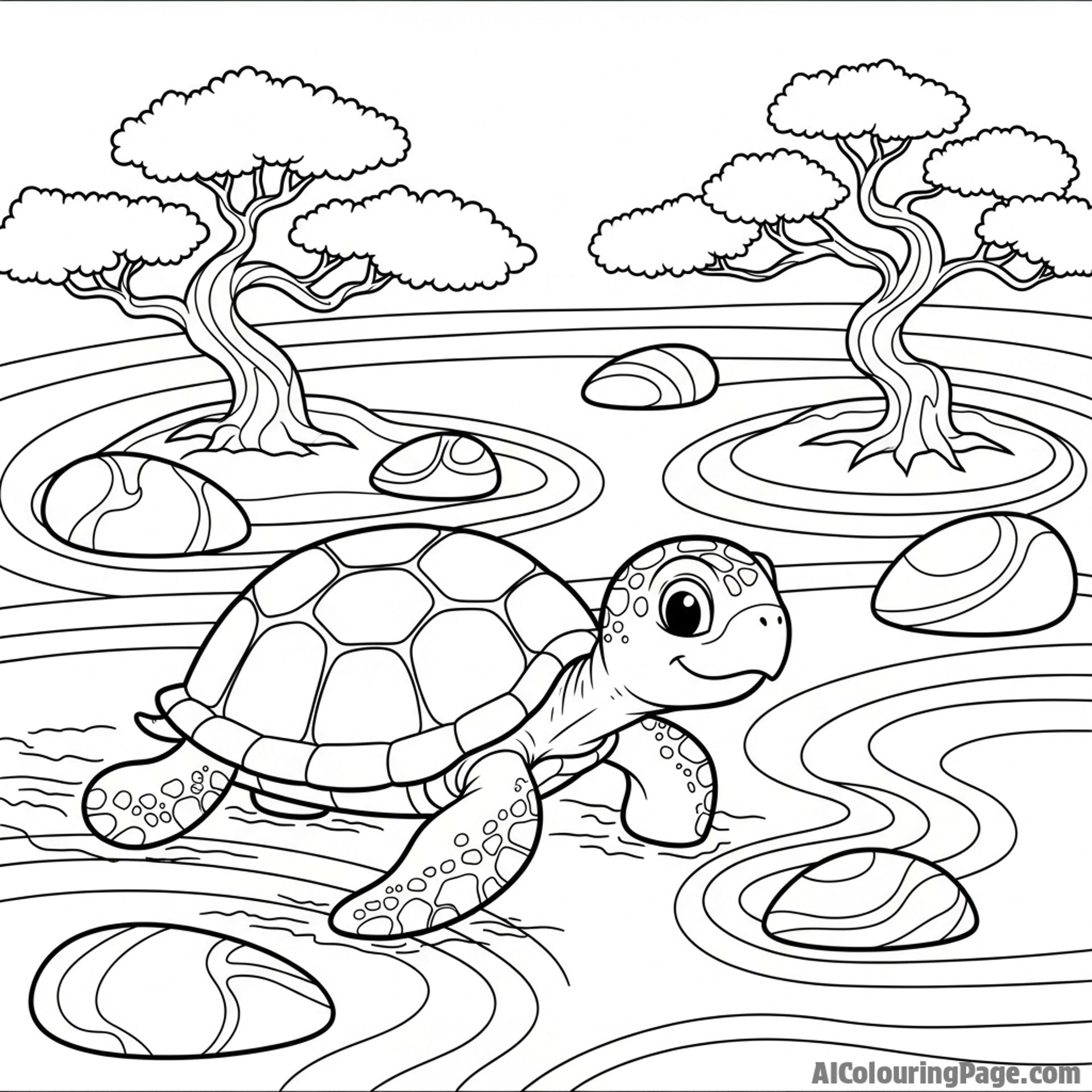 A turtle in a zen garden, leaving a trail in the raked sand.