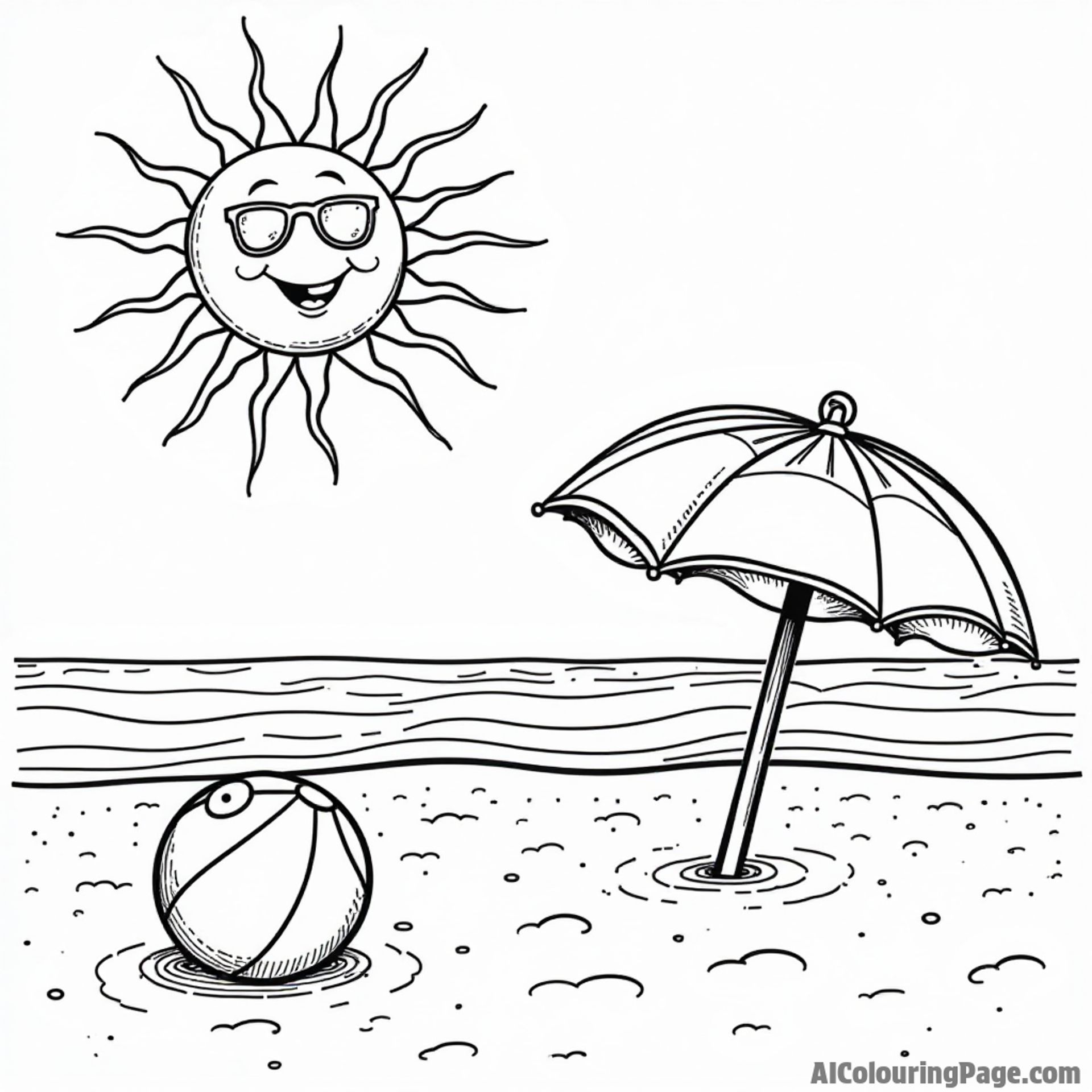 A cheerful sun wearing sunglasses shining over a sandy beach with a colorful umbrella and a beach ball nearby.