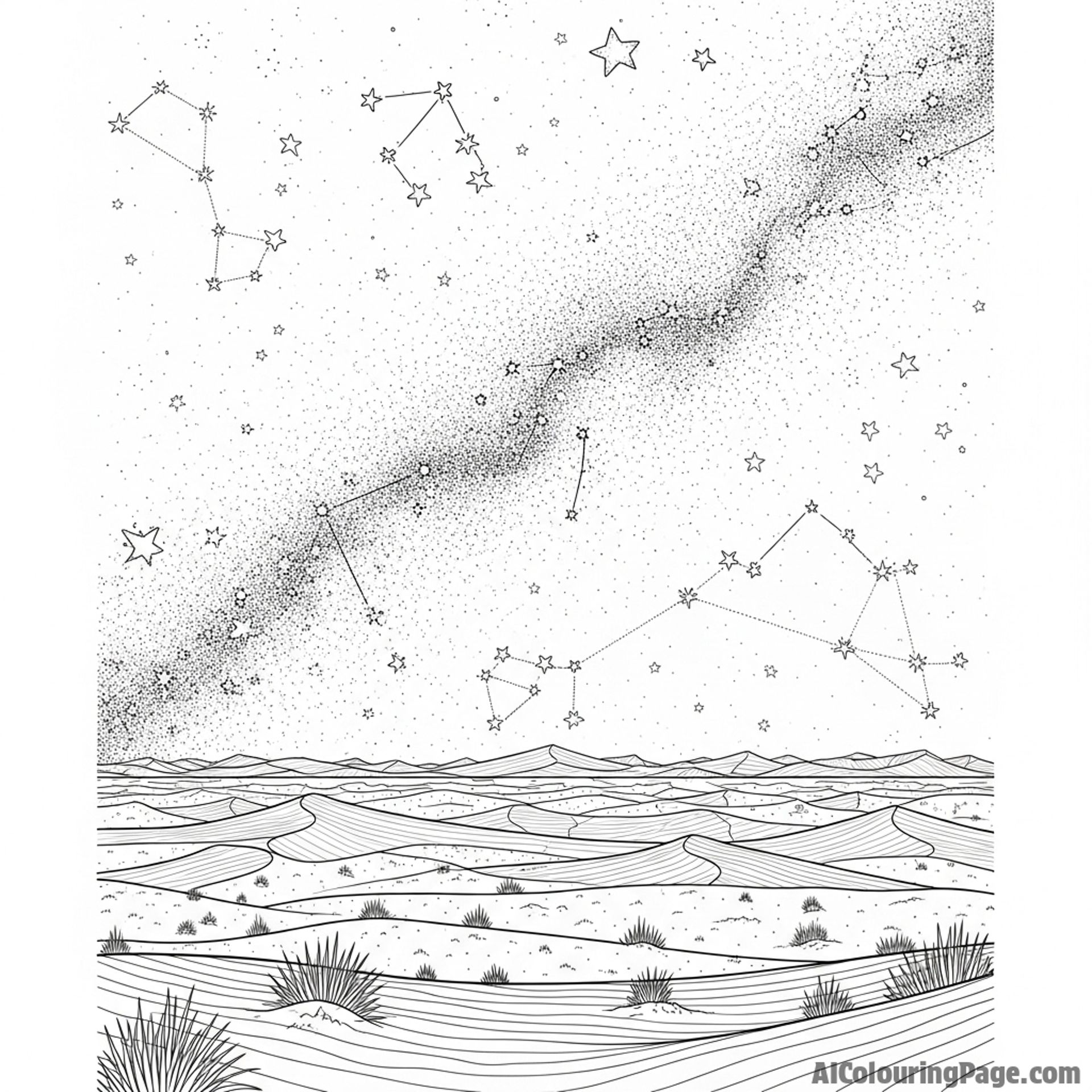 Starry desert night, milky way spanning, infinite cosmos.
