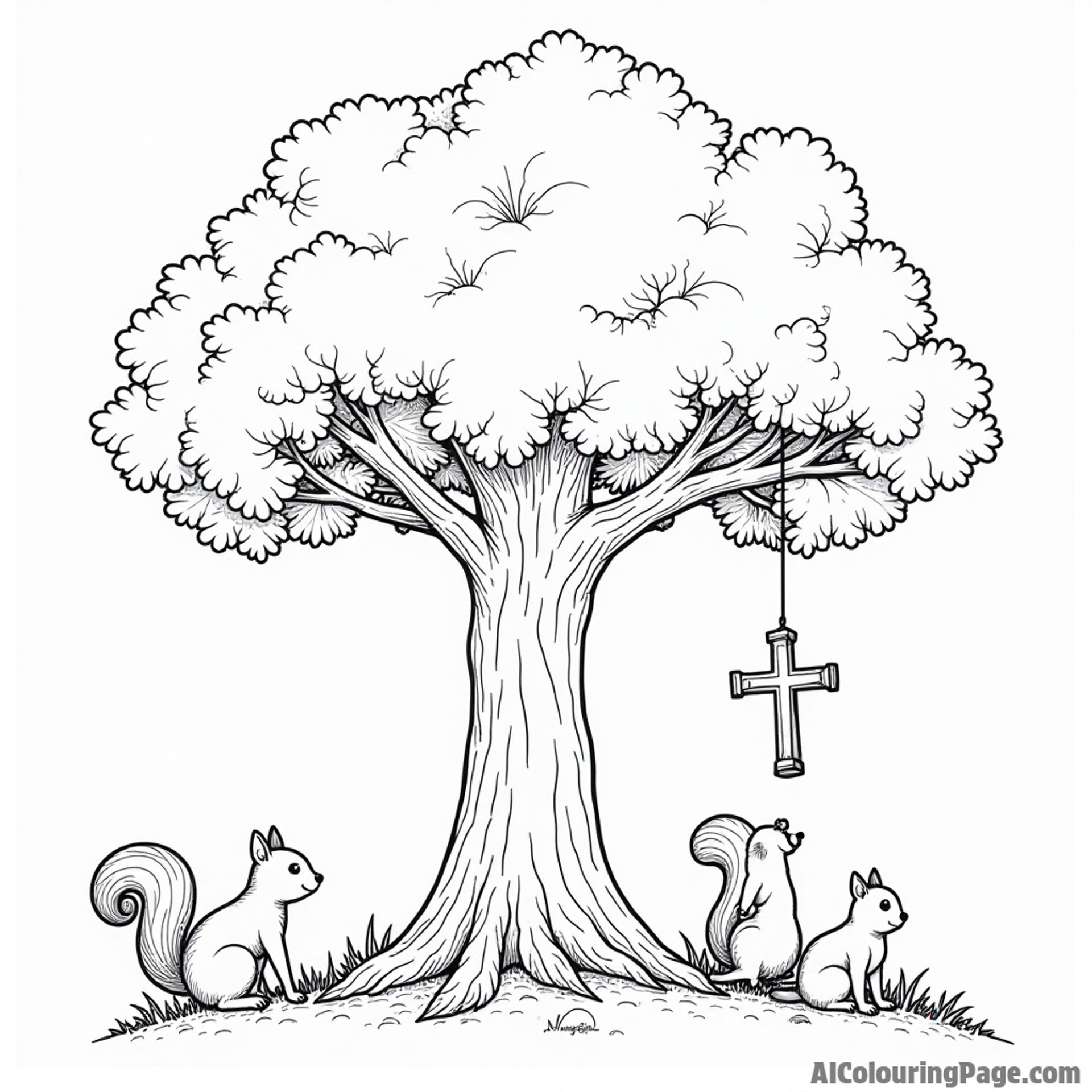 A whimsical tree with a cross hanging from its branches, accompanied by friendly squirrels, inviting children to explore their creativity.