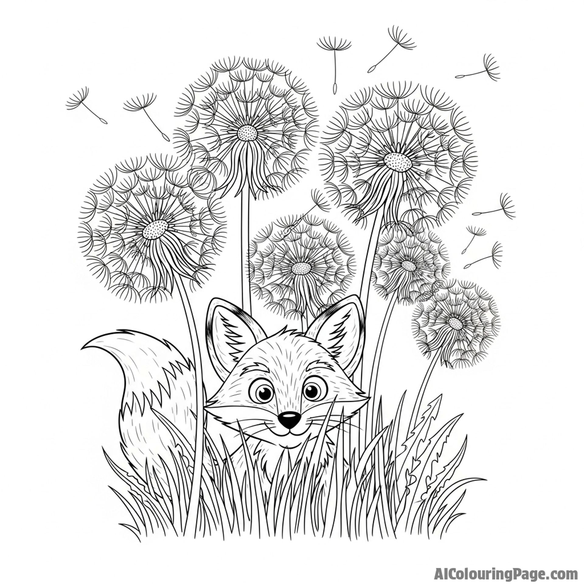 A fox hiding amidst a field of tall, feathery dandelions gone to seed.