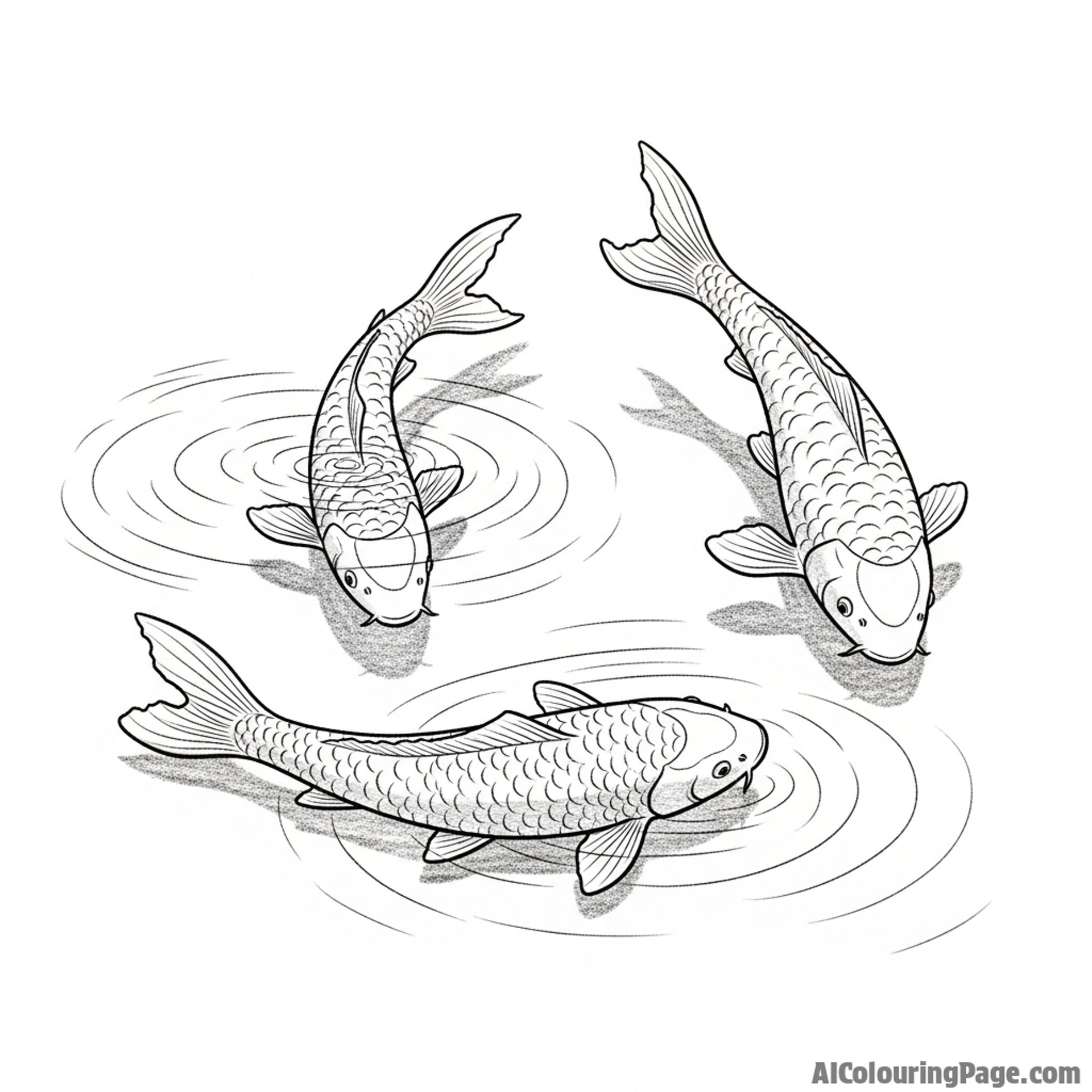 A charcoal sketch of koi, focusing on the interplay of light, shadow, and reflection on the water.