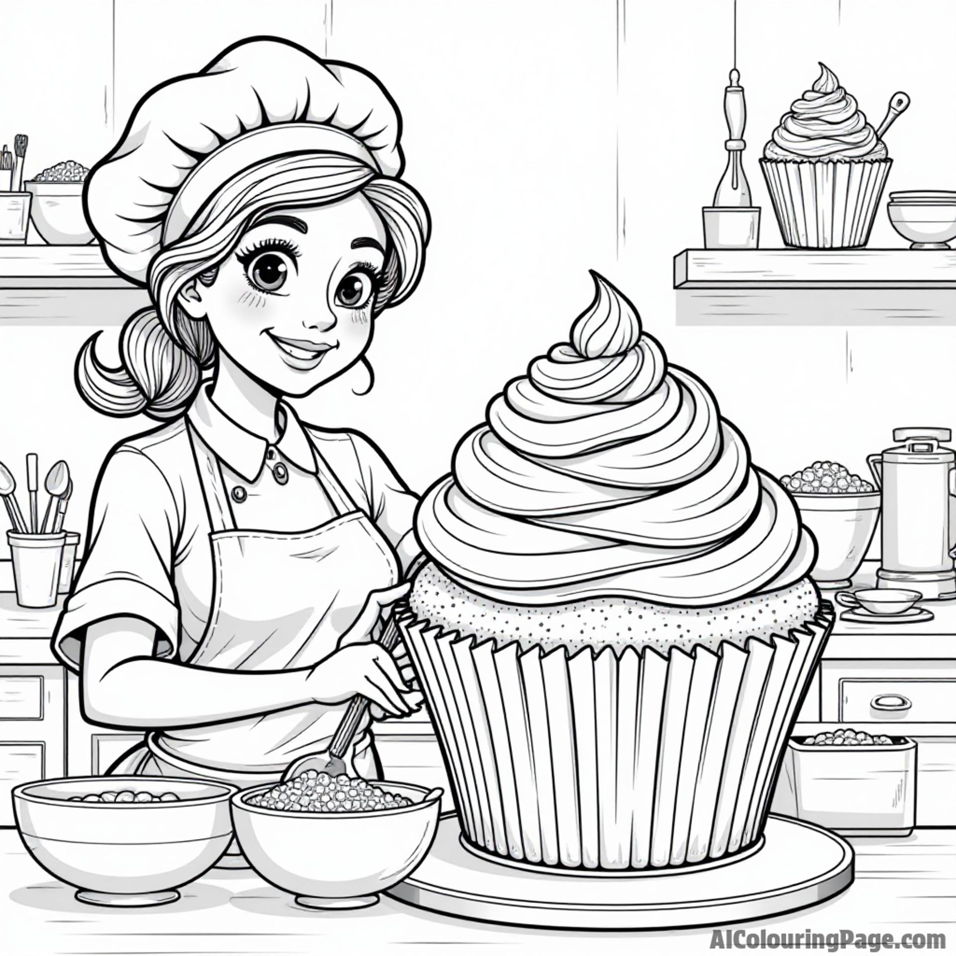 A cupcake chef creating a giant cupcake masterpiece in the kitchen, surrounded by mixing bowls, spoons, and colorful frosting.