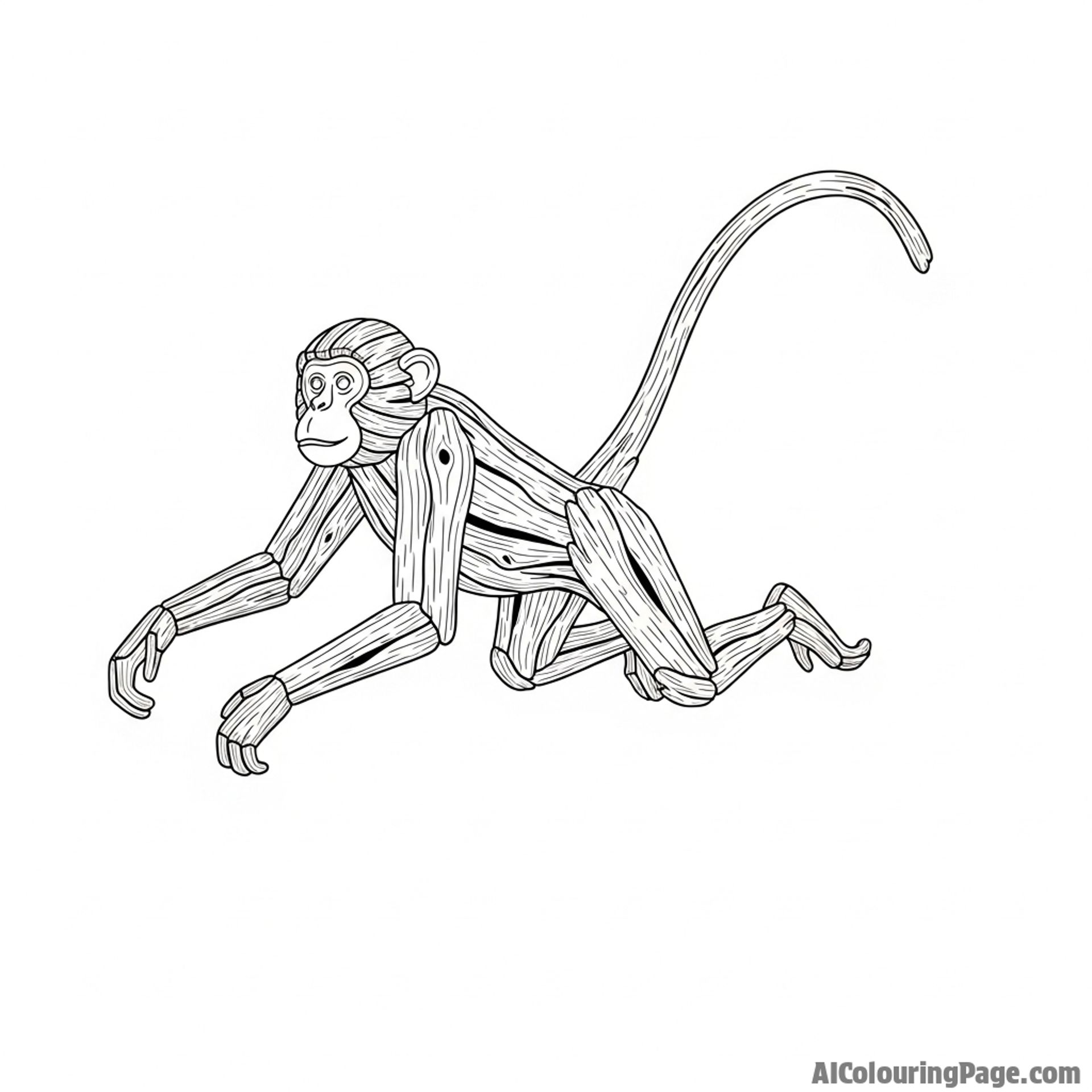 A dynamic sculpture of a monkey mid-leap, crafted from weathered driftwood.