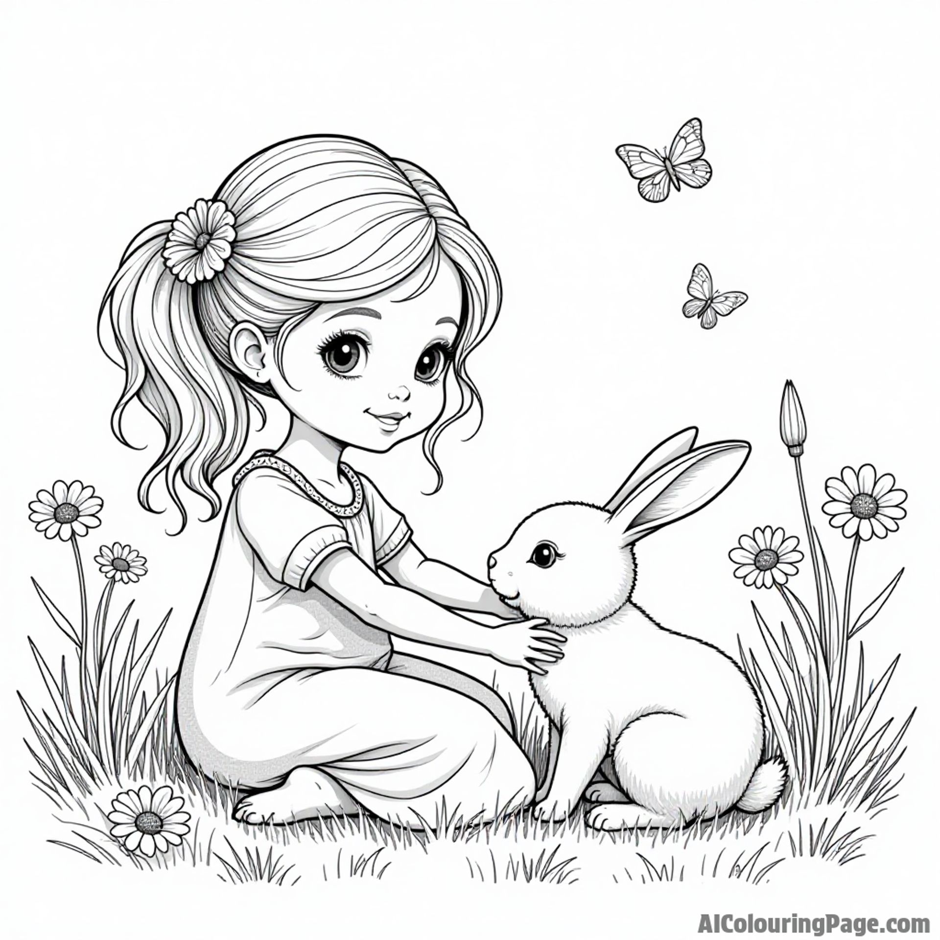 A doll playing with her pet rabbit in a meadow, surrounded by daisies, butterflies, and a blue sky overhead.
